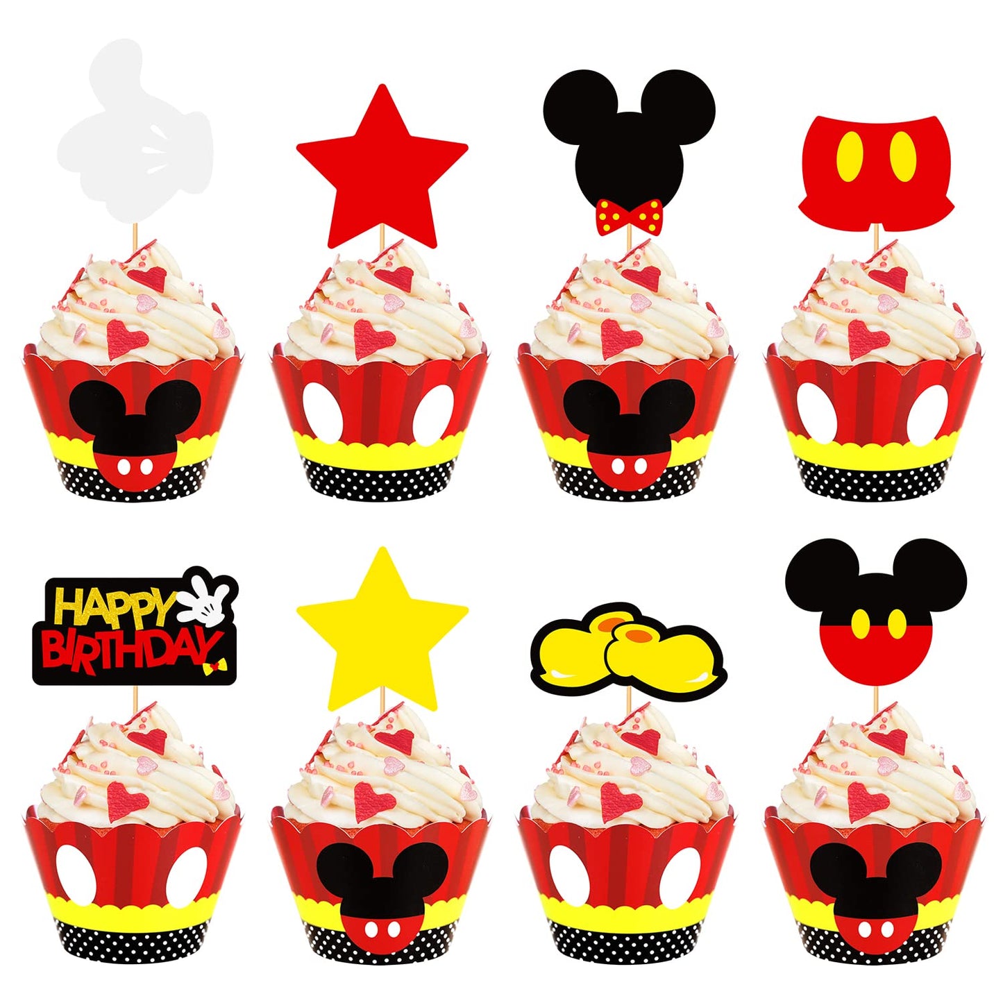 MOAXMOA Mickey Cupcake Toppers and Wrappers, Paper, 32 Toppers and 32 Wrappers, Perfect for Kids Birthday and Baby Shower Parties