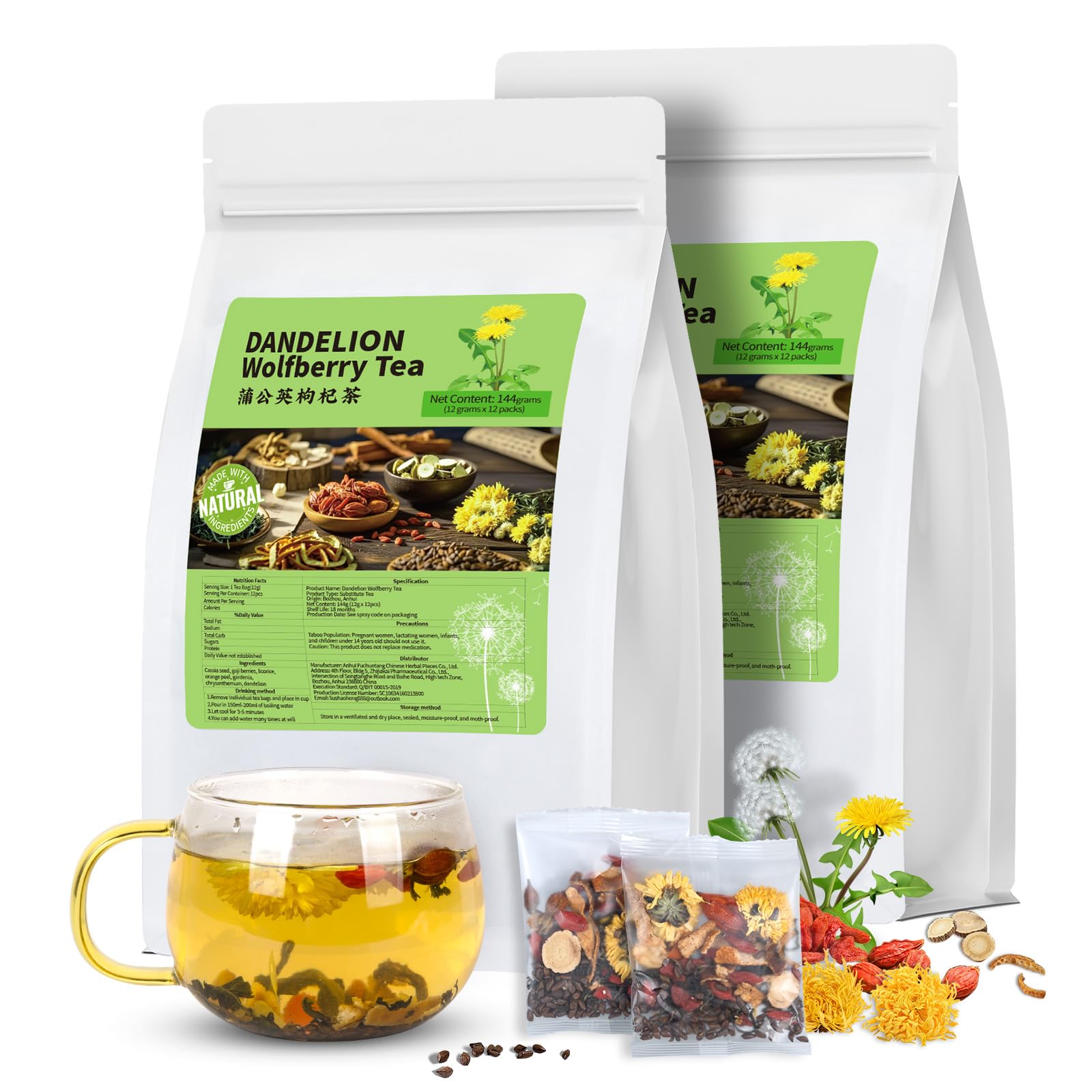 Dandelion Wolfberry Tea  Chinese Traditional Seven Natural Herbs Formula Blend Support Kidney & Liver Health Dandelion Root Tea Bags (2 Pack/24 Bags)