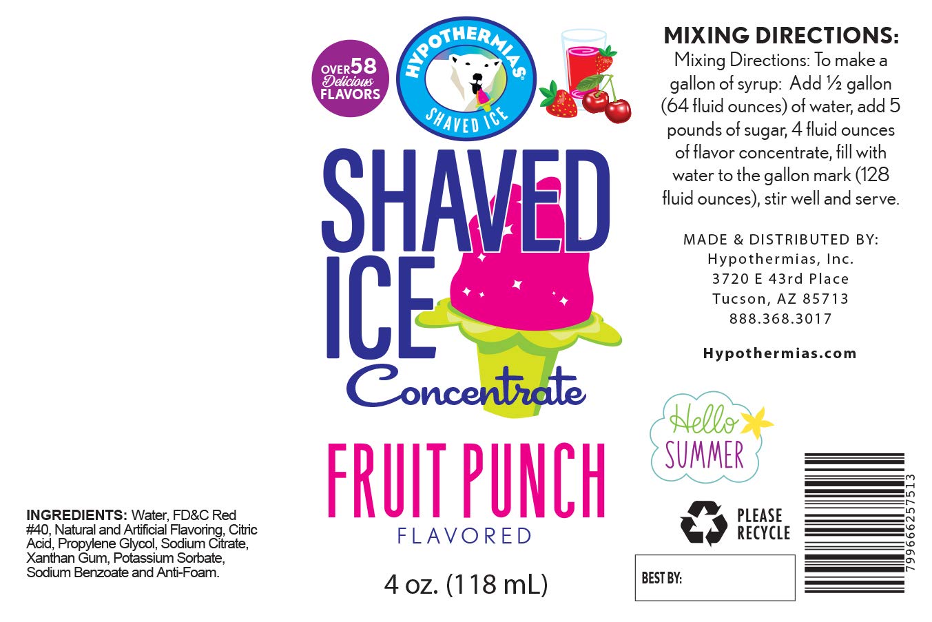 Hypothermias Shaved Ice And Snow Cone Syrup Unsweetened Flavor Concentrate - 4 Fl Oz - Makes 1 Gallon Of Ready To Use Syrup - Fr