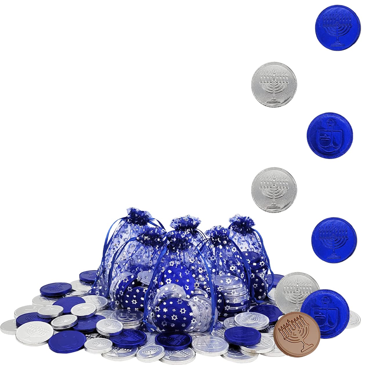 The Dreidel Company Milk Chocolate Coins In Hanukkah Gift Bag  Hanukkah Gelt  Made With Top-Grade Belgian Chocolate  15 Coins In Each Bag (Blue&Silver Nut-Free Belgian Milk Chocolate Coins  6-Bags