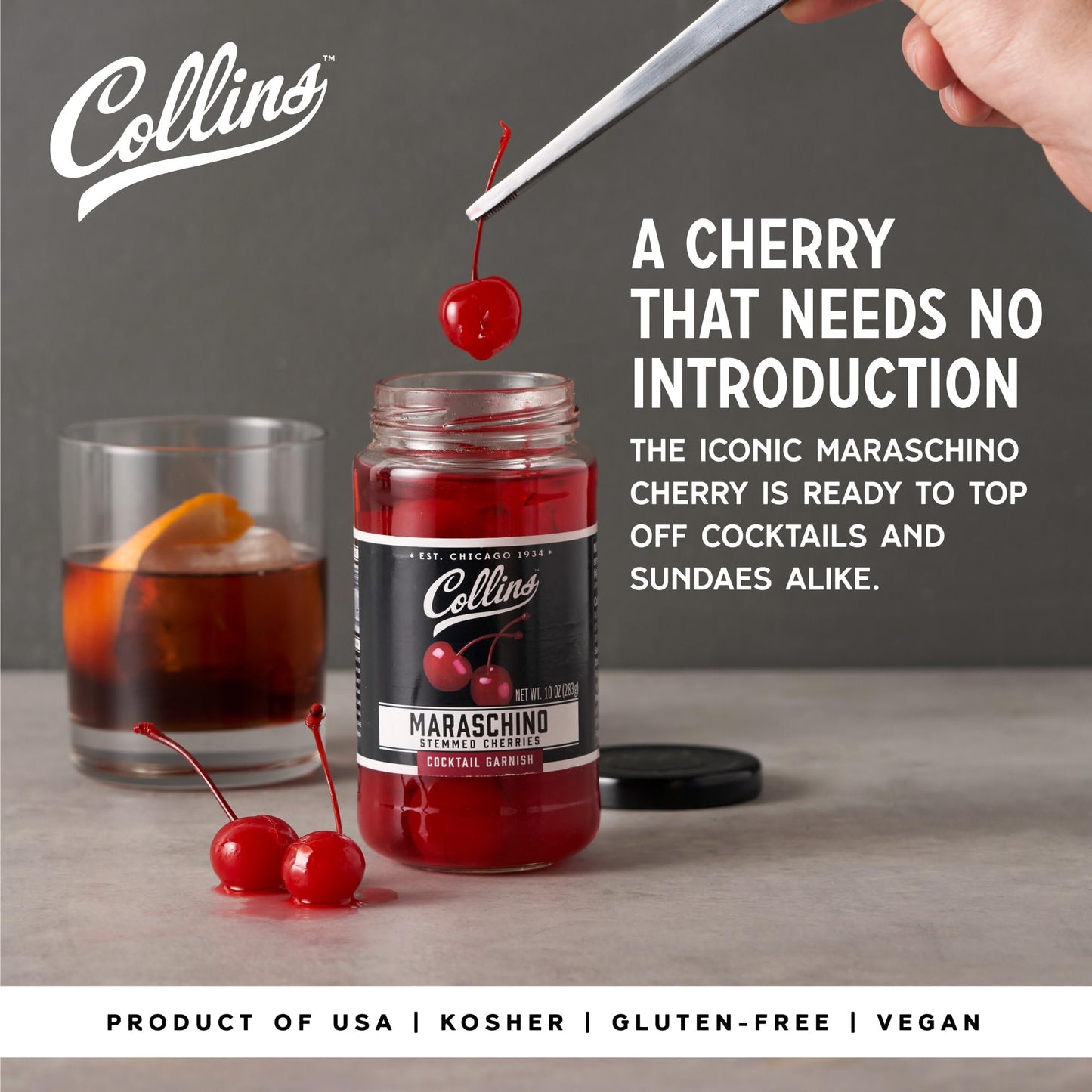 Collins Stemmed Maraschino Cocktail Cherries - Royal Anne Cherries Garnish For Cocktails, Manhattan And Old Fashioned Mix, 10Oz