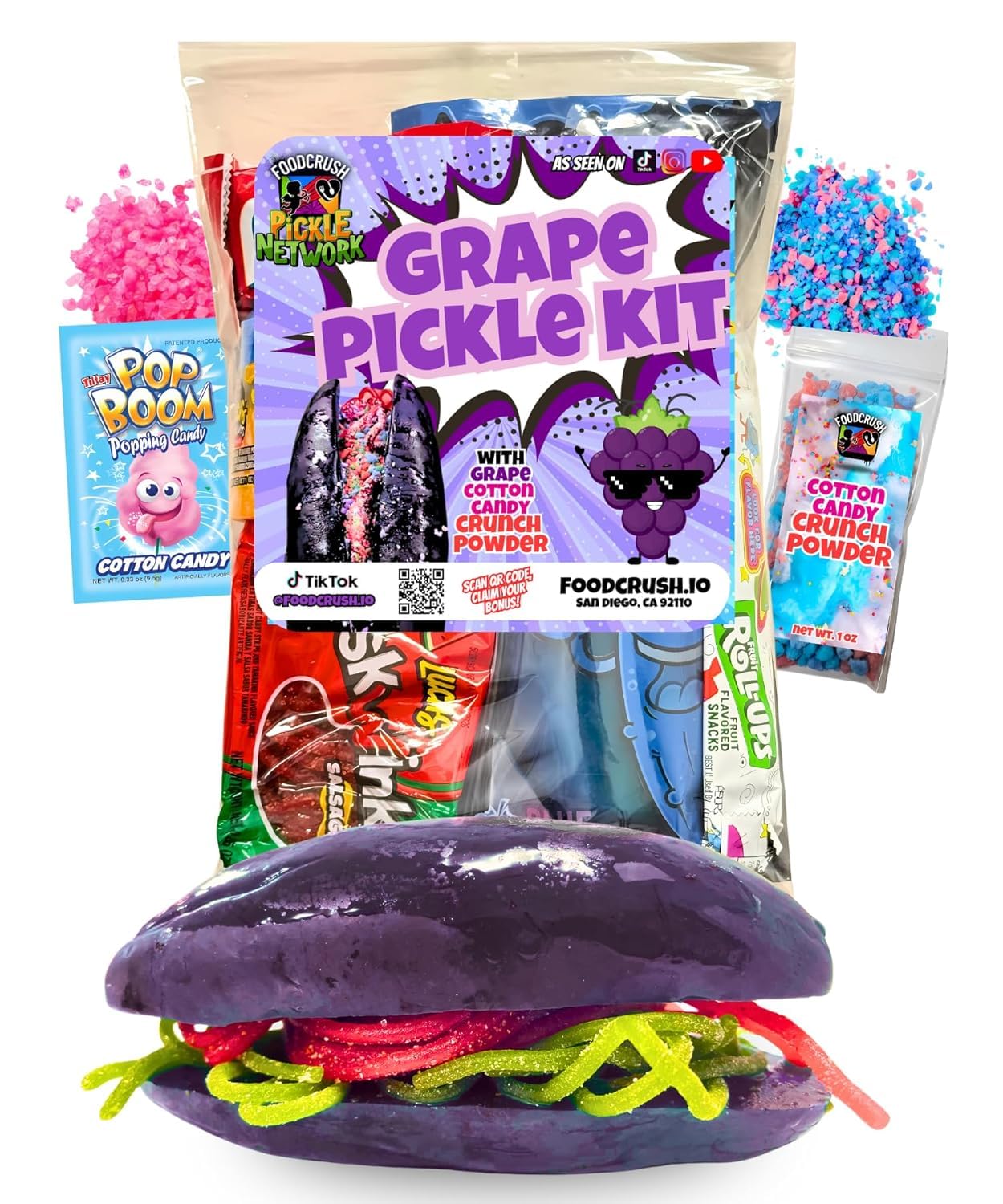 Food Crush Grape Pickle Kit - Candy Gift Pouch with Fruit Roll-Ups, Skwinkles, Salsagheti, Lucas Chamoy Sauce, Mexican Candy Variety Pack