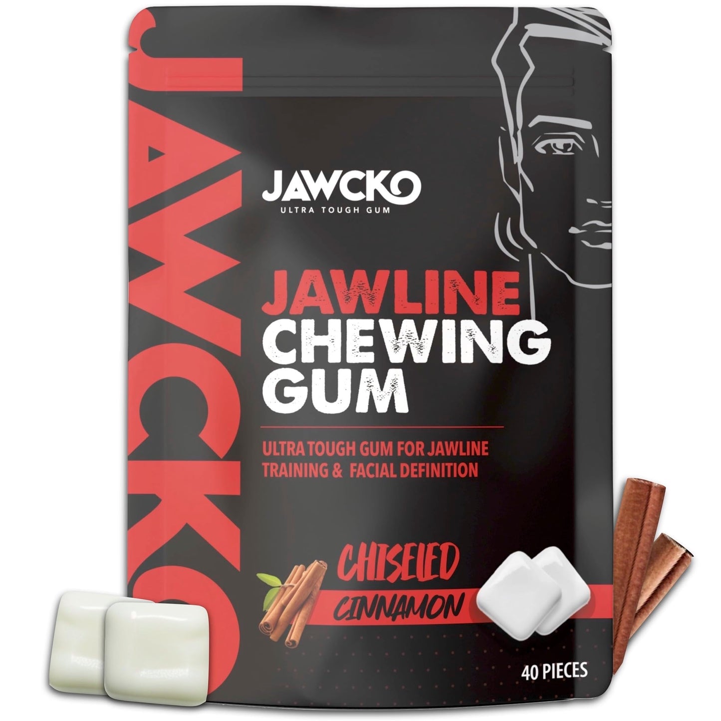 JAWCKO Ultra-Tough Jawline Chewing Gum, Cinnamon Flavor, 40 Pieces/Pack, 15X Strength, Facial Fitness Chewing Gum