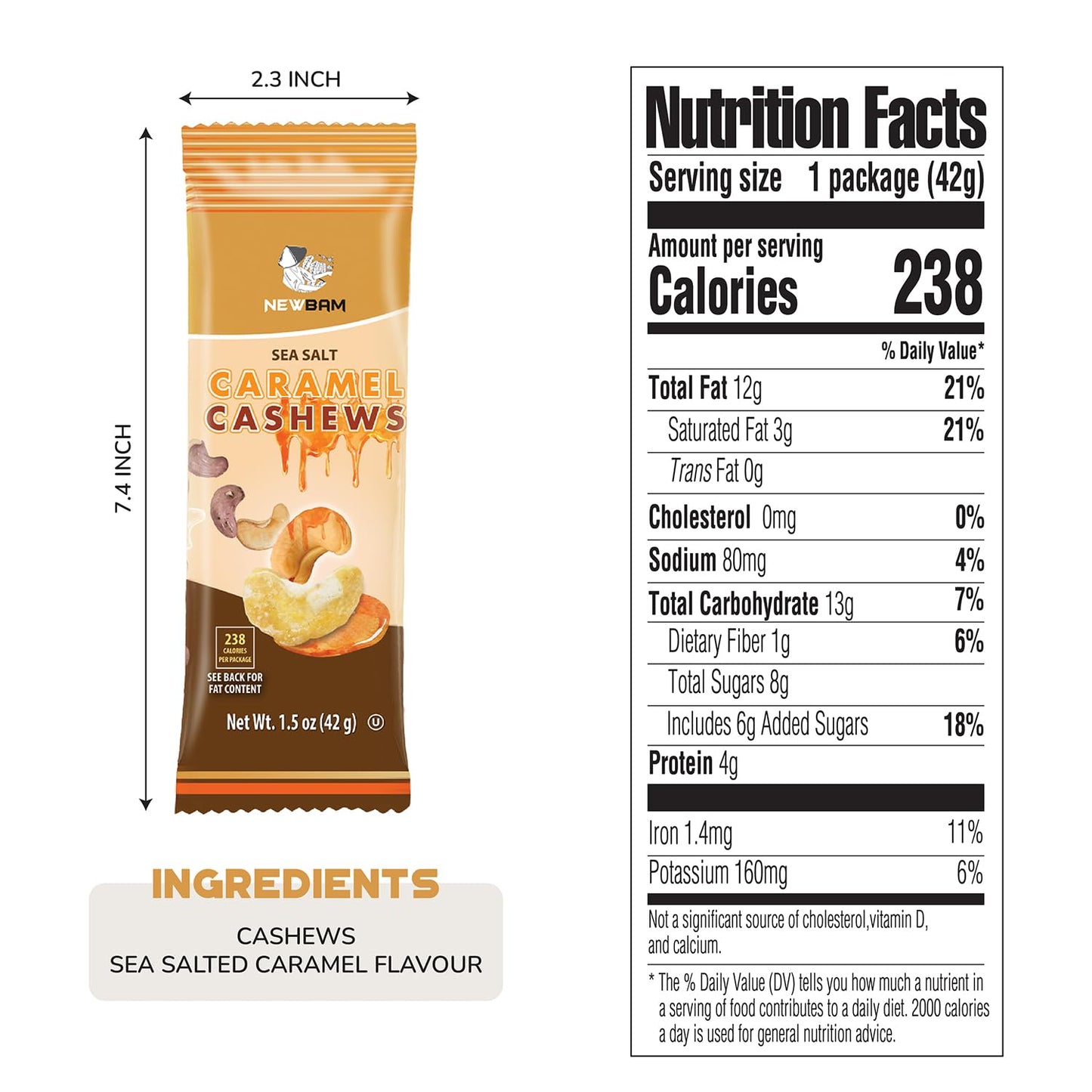 Newbam Sea Salt Caramel Cashews Individual Packs - 12 Cashew Snack Packs Roasted Nuts (1.5Oz Each) - Keto, Vegan, Gluten-Free -