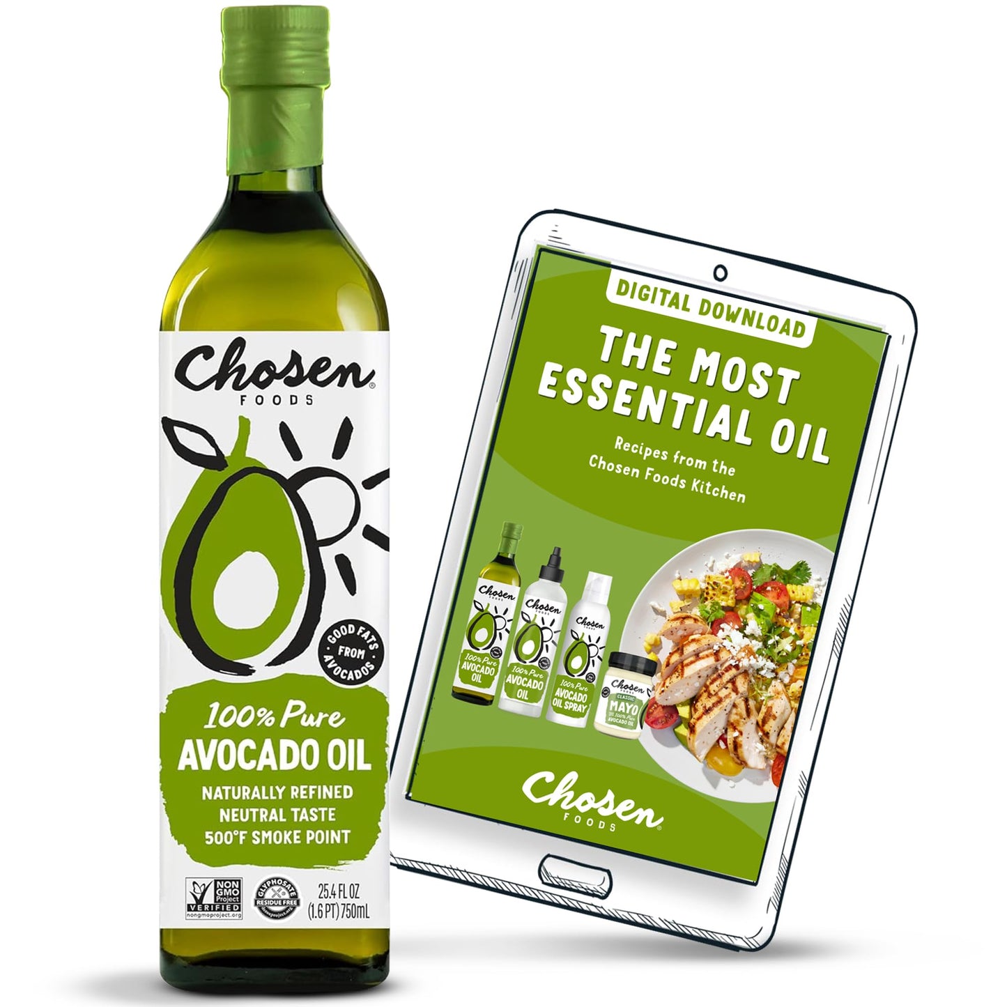 Chosen Foods 100% Pure Avocado Oil For Cooking - 25.4 Floz - Rich In Good Fats, Vitamin E, Naturally Refined, High Smoke Point, Non-Gmo, Soy-Free, Canola Oil-Free, Gluten-Free, Paleo, Keto + Digital Recipe Book