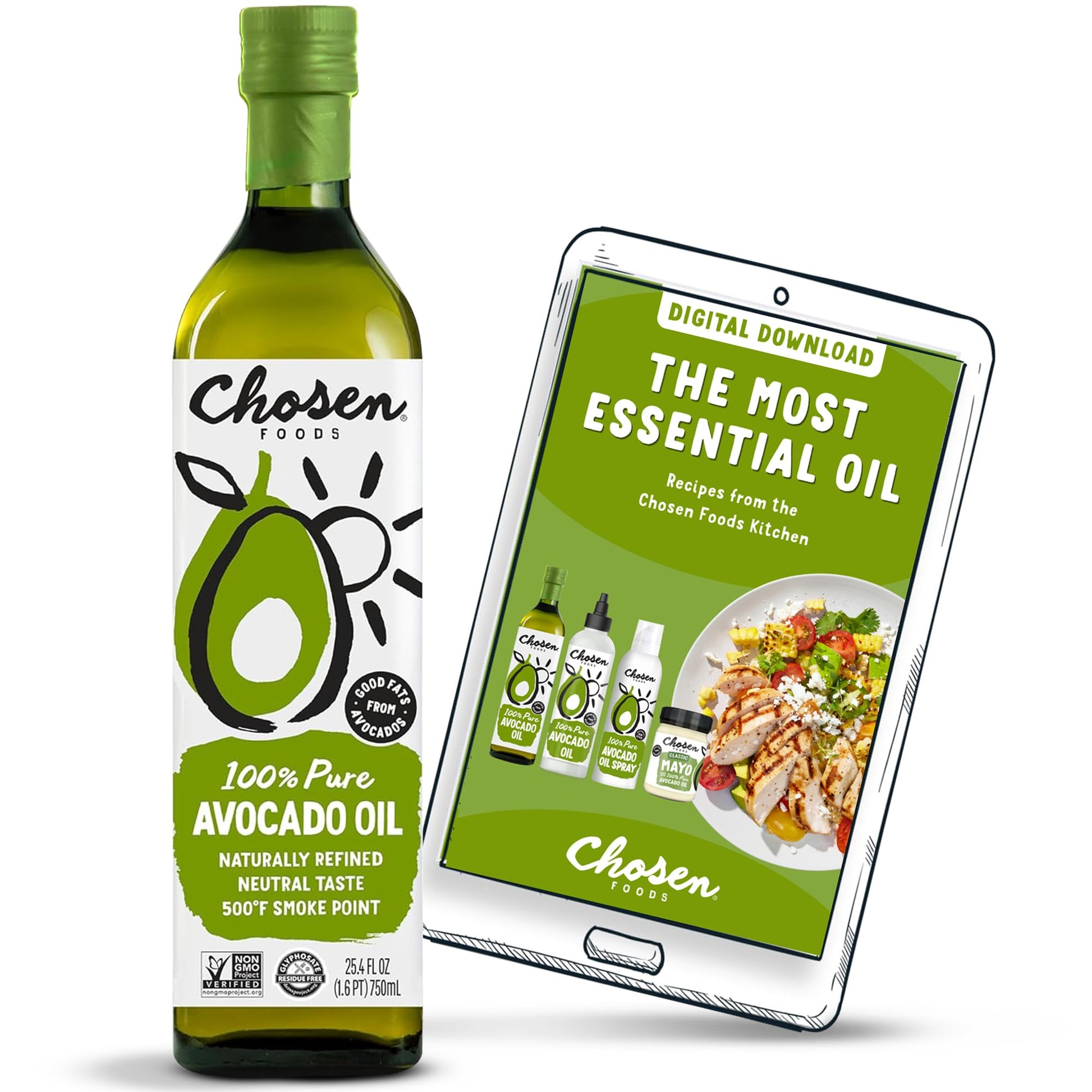 Chosen Foods 100% Pure Avocado Oil For Cooking - 25.4 Floz - Rich In Good Fats, Vitamin E, Naturally Refined, High Smoke Point, Non-Gmo, Soy-Free, Canola Oil-Free, Gluten-Free, Paleo, Keto + Digital Recipe Book