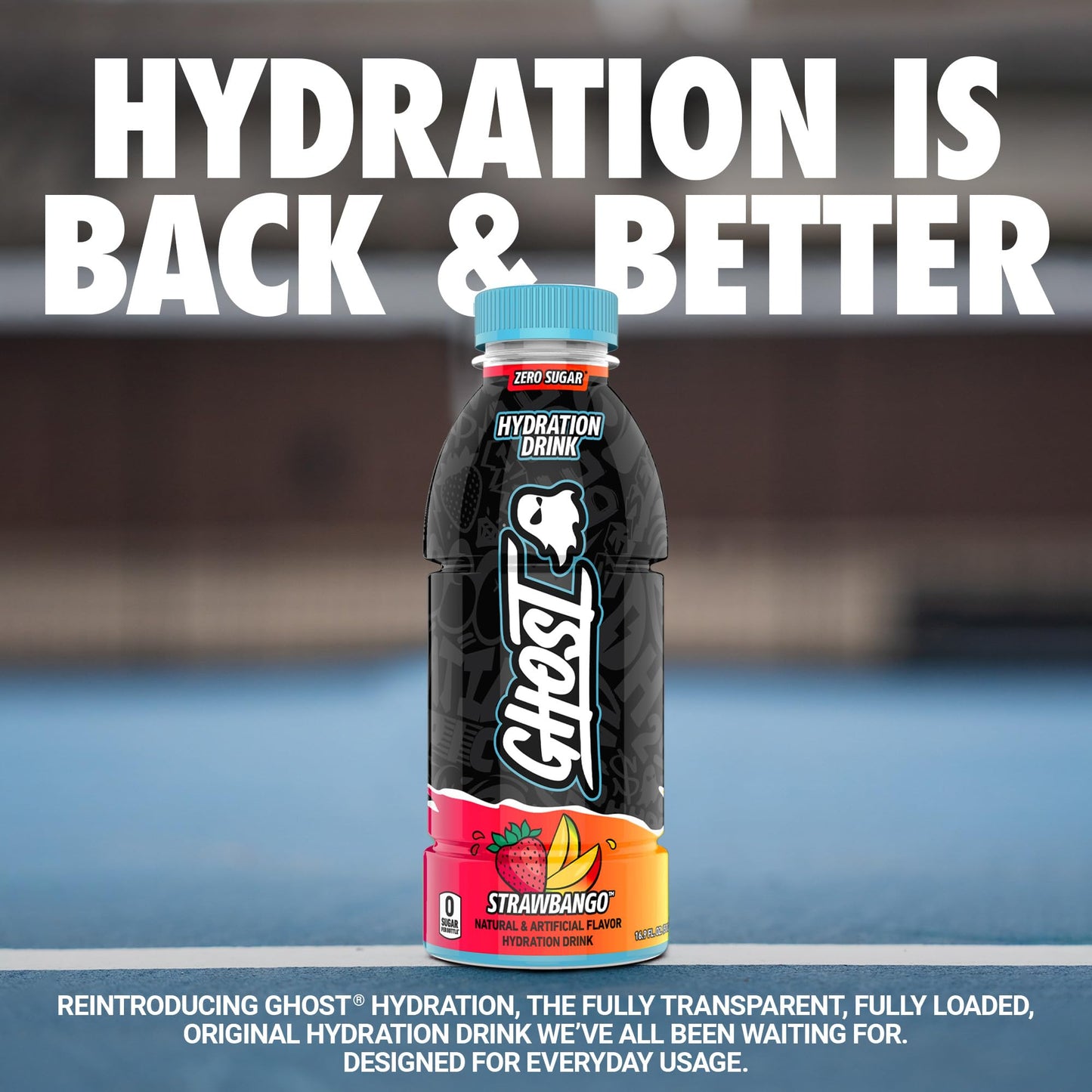 GHOST Hydration Drink, Strawbango - RTD Sports Drink with Electrolytes, 16.9 Fl Oz, Pack of 12, Zero Caffeine & Sugars