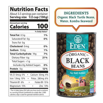 Eden Organic Black Beans, 15 oz Can (12-Pack Case), No Salt Added, Non-GMO, U.S Grown, Heat and Serve, Macrobiotic, Turtle Beans