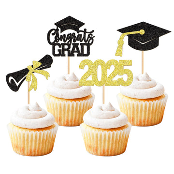 24 Pack 2025 Graduation Cupcake Toppers Class Of 2025 Congrate Grad Graduation Hat Cupcake Picks for 2025 Graduation Theme Birth