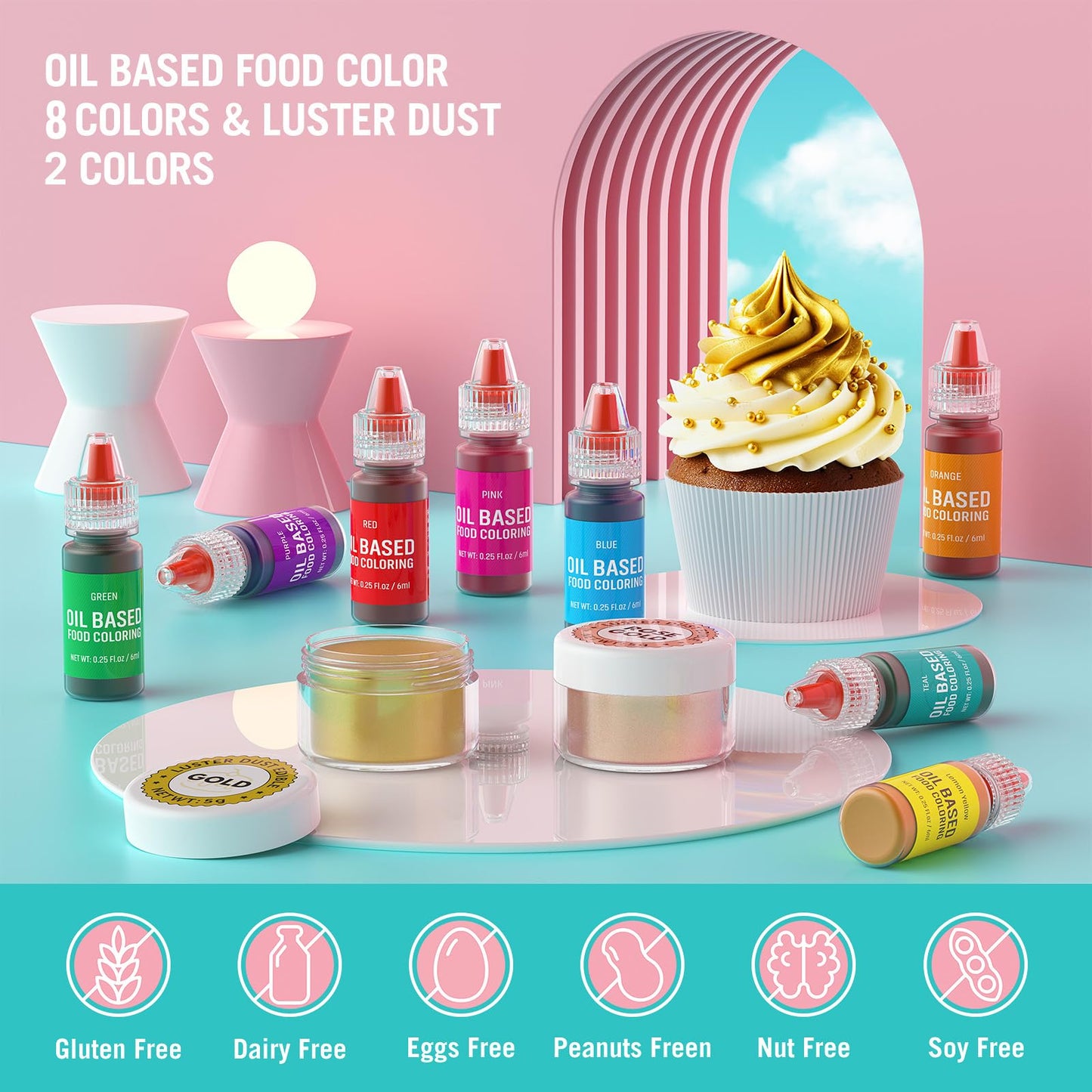 Luster Dust 2 Color & Oil Based Food Coloring For Chocolate 8 Color Set, Edible Food Dye And Shimmer Cake Dust Metallic Food Col