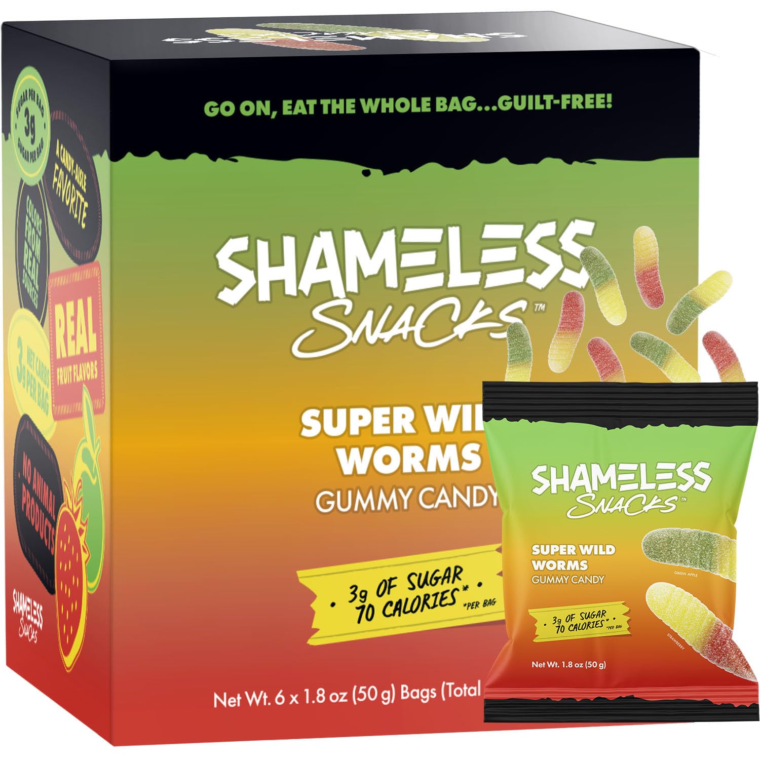 Shameless Snacks Healthy Low Calorie Snacks, Low Carb Keto Gummies (Gluten Free Candy) 6 Pack Wild Worms