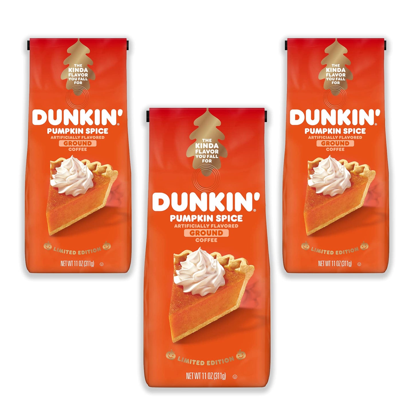 Dunkin Pumpkin Spice Seasonal Flavor Ground Coffee Variety Pack, 11 Ounce Bag (Pack of 3)