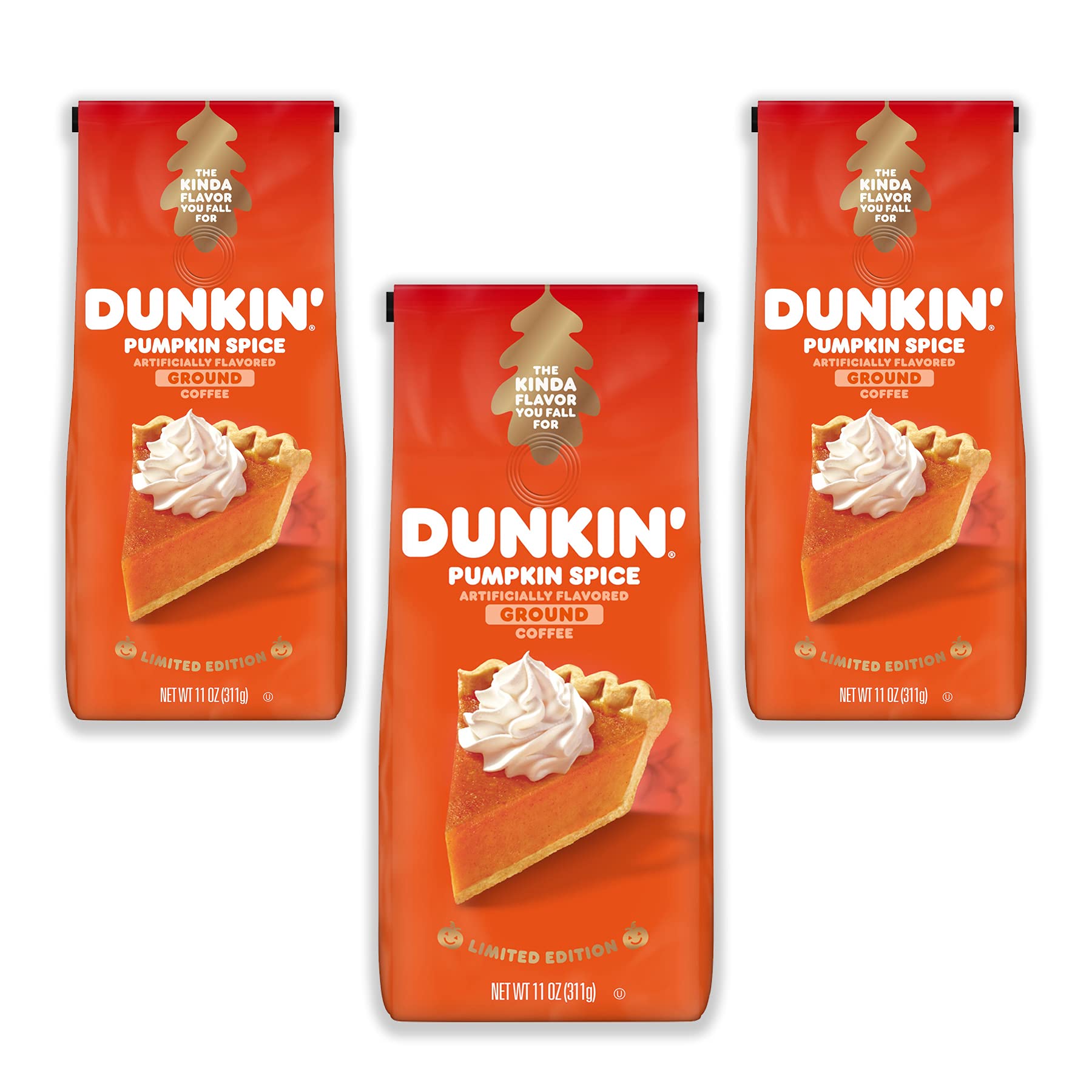 Dunkin Pumpkin Spice Seasonal Flavor Ground Coffee Variety Pack, 11 Ounce Bag (Pack of 3)
