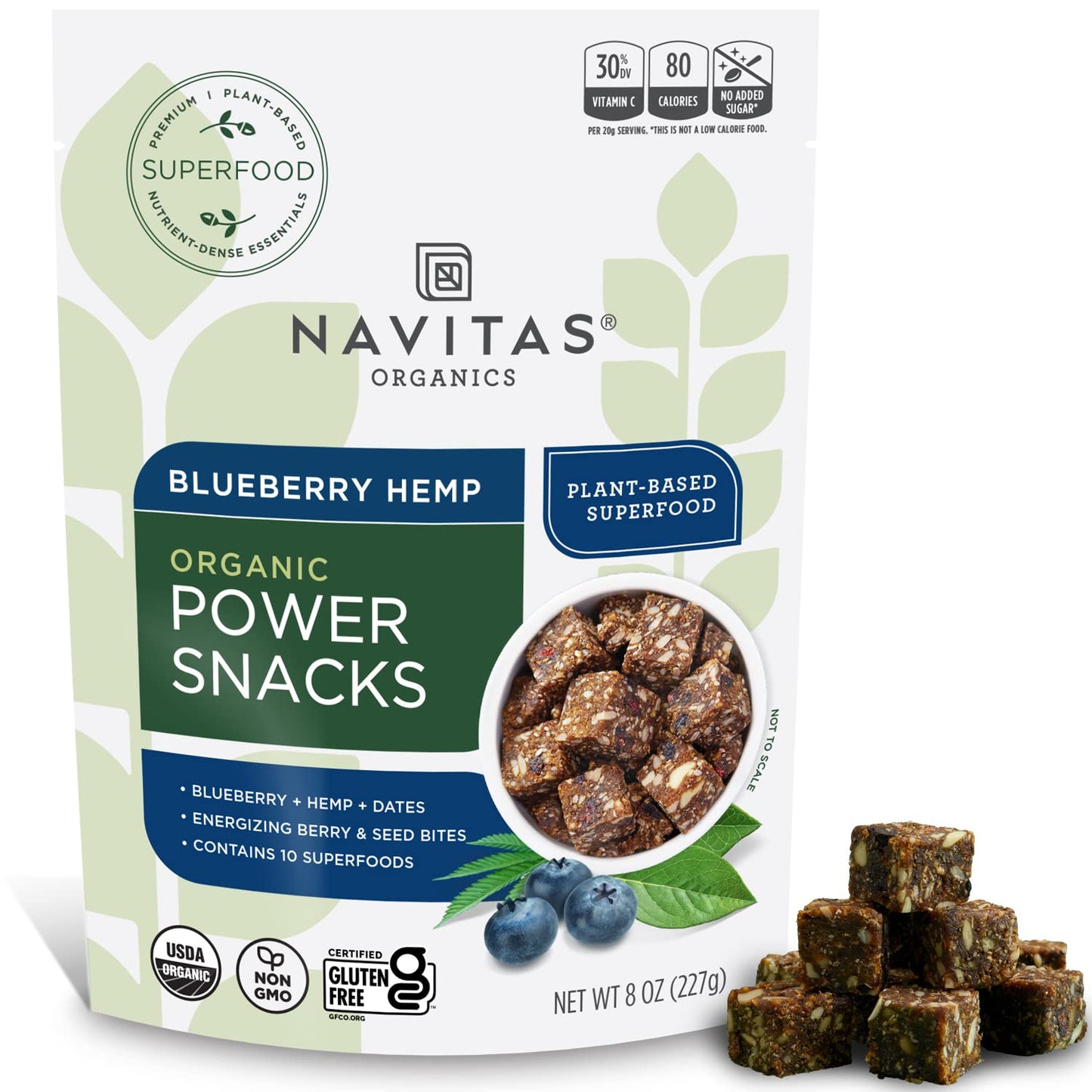 Navitas Organics Superfood Power Snacks, Blueberry Hemp, 8oz Bag, Organic, Non-GMO, Gluten-Free, Model 82077