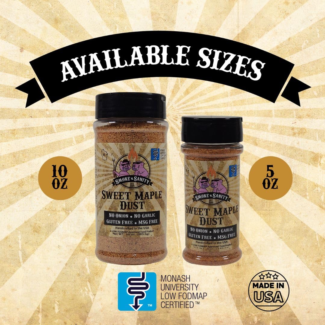 Smoke n Sanity Sweet Maple Dust - Certified Low FODMAP Seasoning - Gluten Free - Certified Kosher - Dairy Free for Low FODMAP Fo