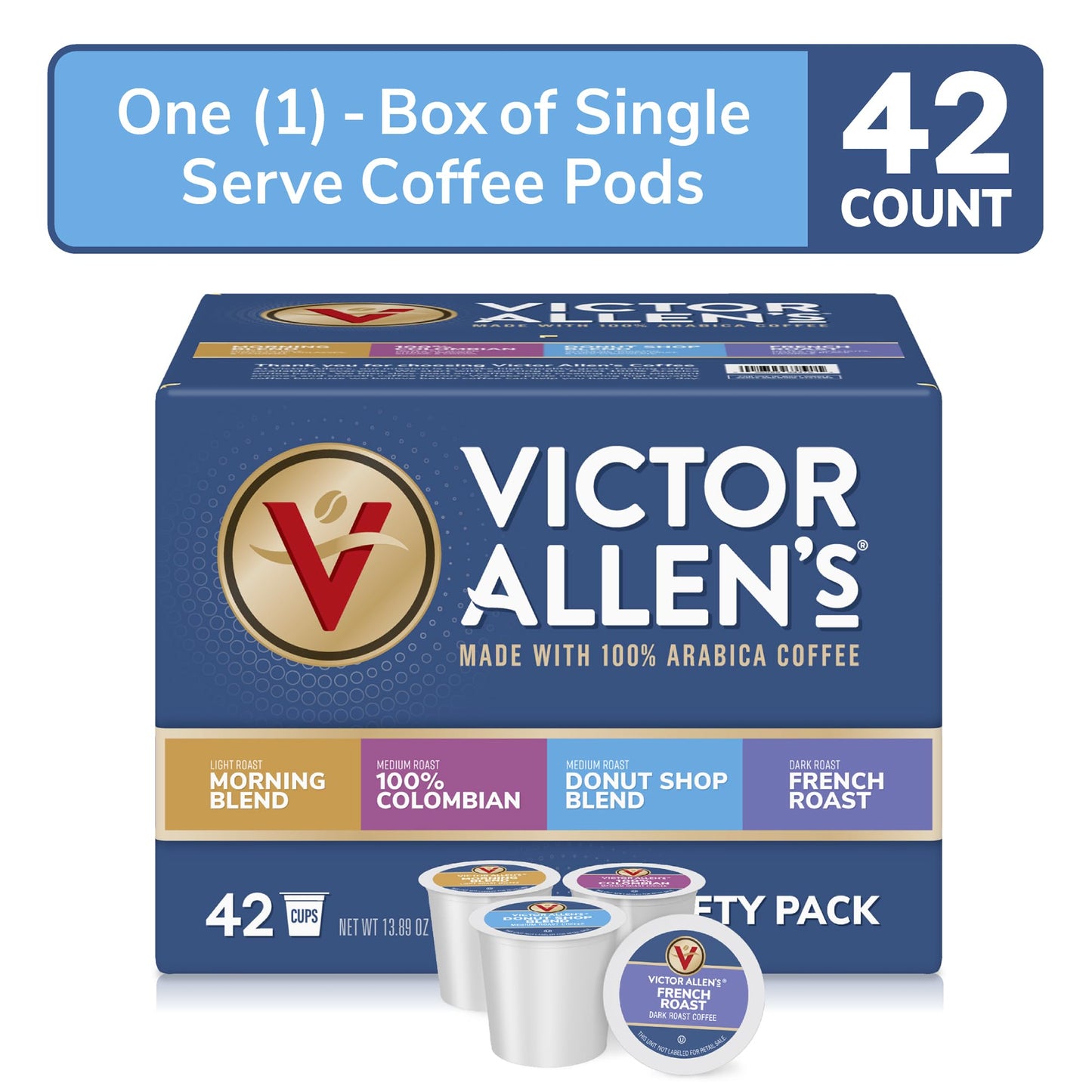 Victor Allens Coffee Variety Pack - 42 Count Single Serve Pods for Keurig - Morning Blend, Colombian, Donut Shop, French Roast - Brown