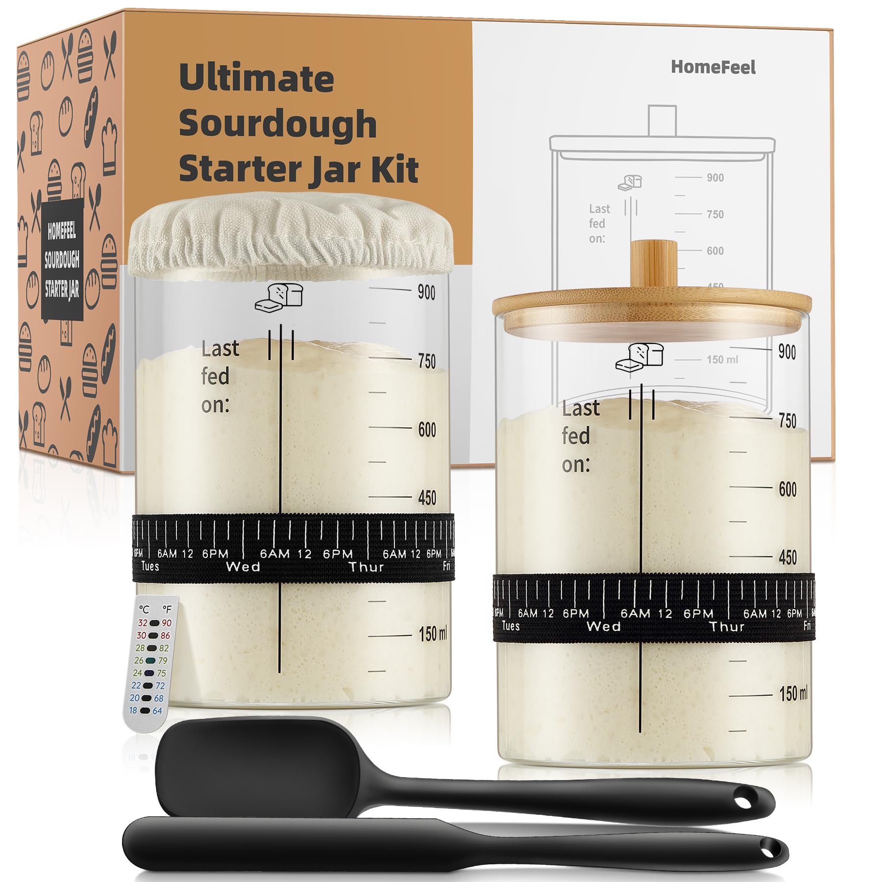 HomeFeel enhanced Sourdough Starter Jar - 34 Oz Large Glass Jar with Bamboo Lid  Cloth Cover  Date Tracker  Thermometer and Scr  Stylish Design and Wide Mouth Starter Kit (2 Pack)