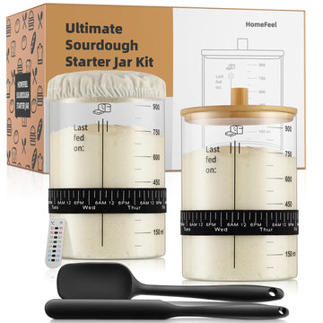 HomeFeel enhanced Sourdough Starter Jar - 34 Oz Large Glass Jar with Bamboo Lid  Cloth Cover  Date Tracker  Thermometer and Scr  Stylish Design and Wide Mouth Starter Kit (2 Pack)