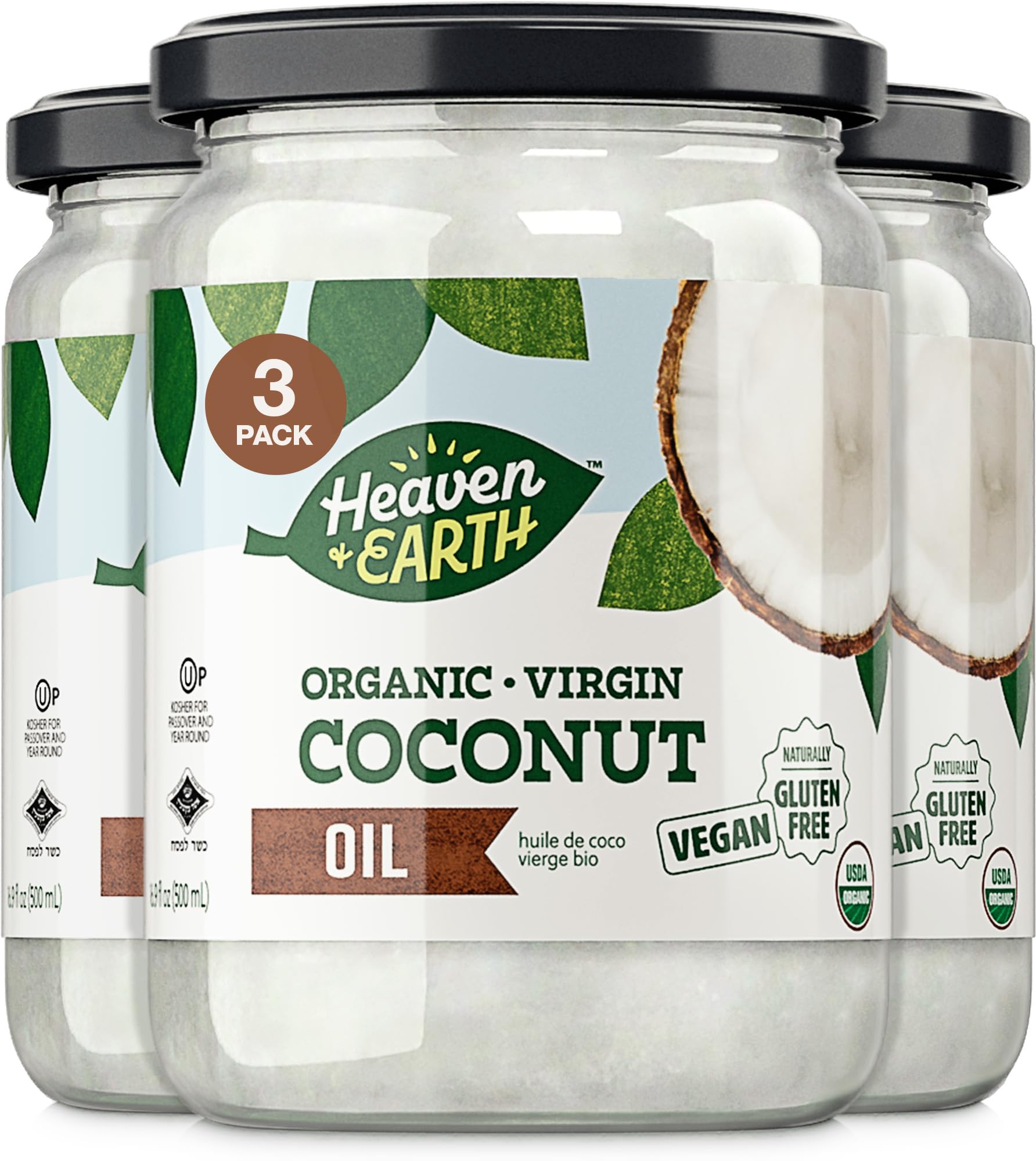 Heaven & Earth Organic Unrefined Virgin Coconut Oil, (3 Pack) 16oz | Glass Jar | Cold Pressed | Coconut Oil for Cooking, Hair & 