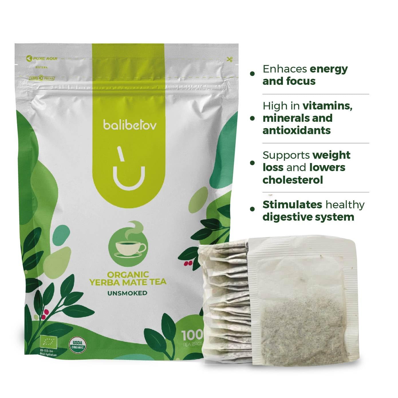 BALIBETOV Organic Unsmoked Yerba Mate Tea Bags - 100 Count  Traditional Cut  Clean Natural Energy  Gluten-Free & Vegan  Enjoy Hot or Cold