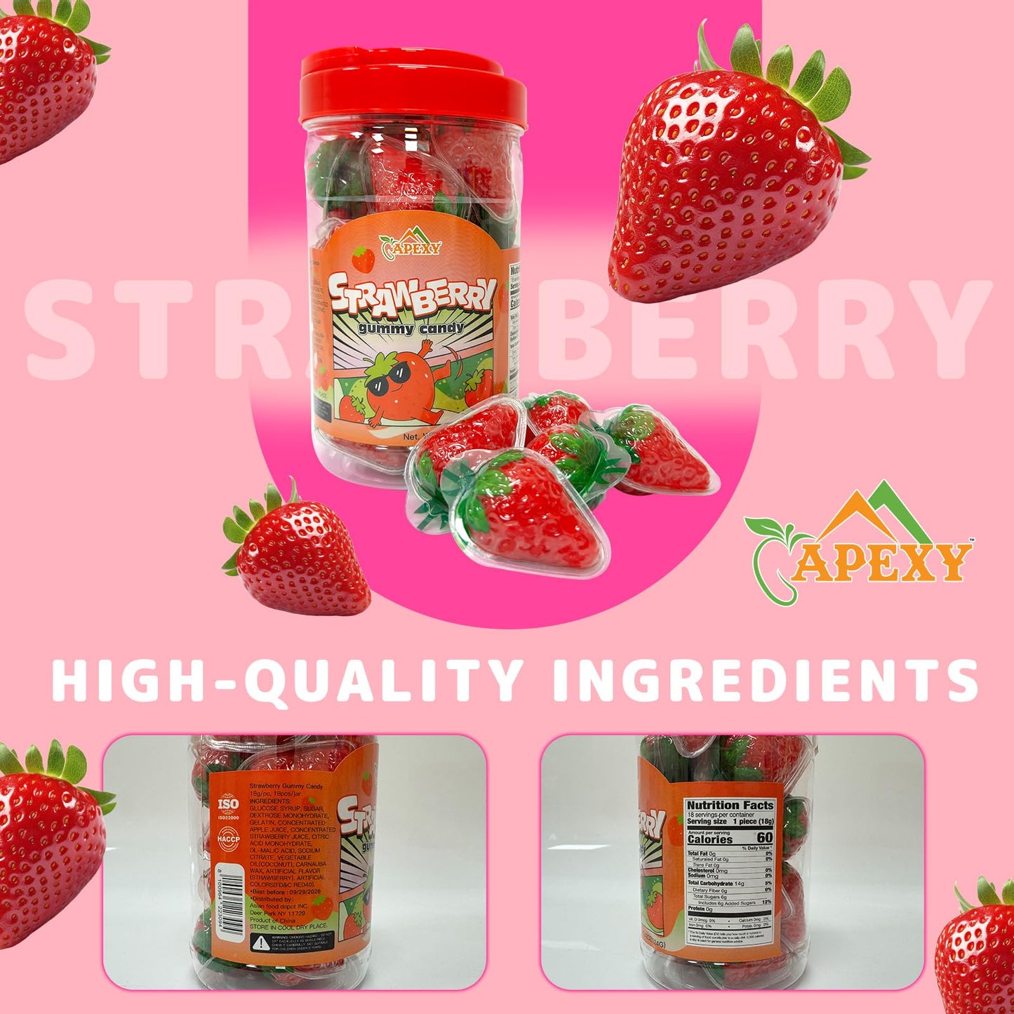 Apexy Strawberry Gummies - With Fruity Liquid Center Eyeball Candy For Halloween, Birthday, Trick Or Treat, Party Candy - Jelly