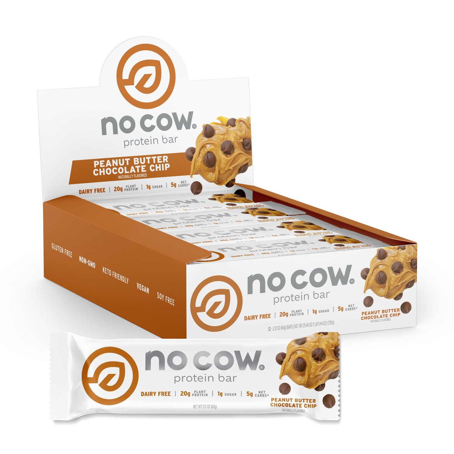 No Cow High Protein Bars, Peanut Butter Chocolate Chip - Healthy Snacks, 20g Vegan Protein, High Fiber, Low Sugar, Dairy & Glute