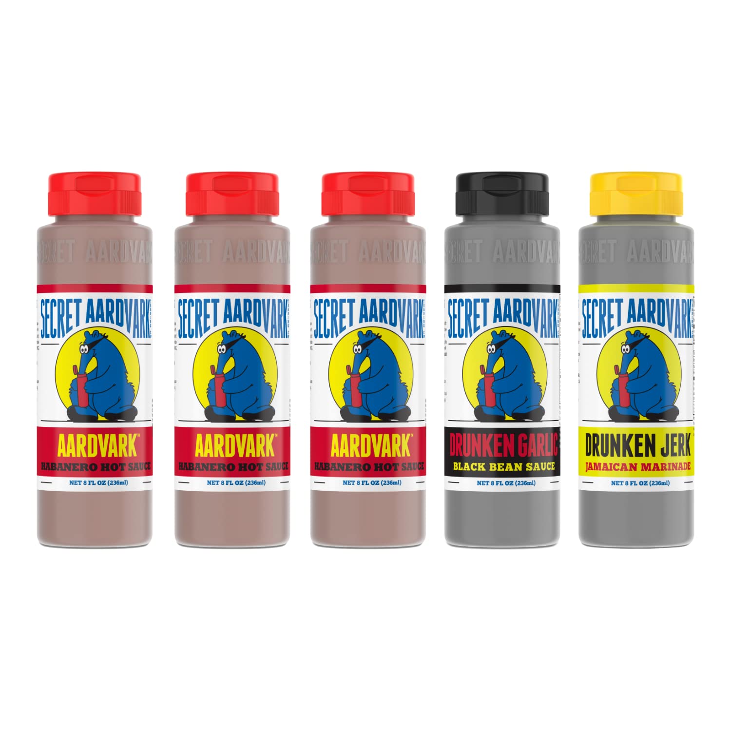 Secret Aardvark Hot Sauce Variety Pack - Drunken Jerk, Drunken Garlic, Habanero - 8 fl oz (Pack of 5)