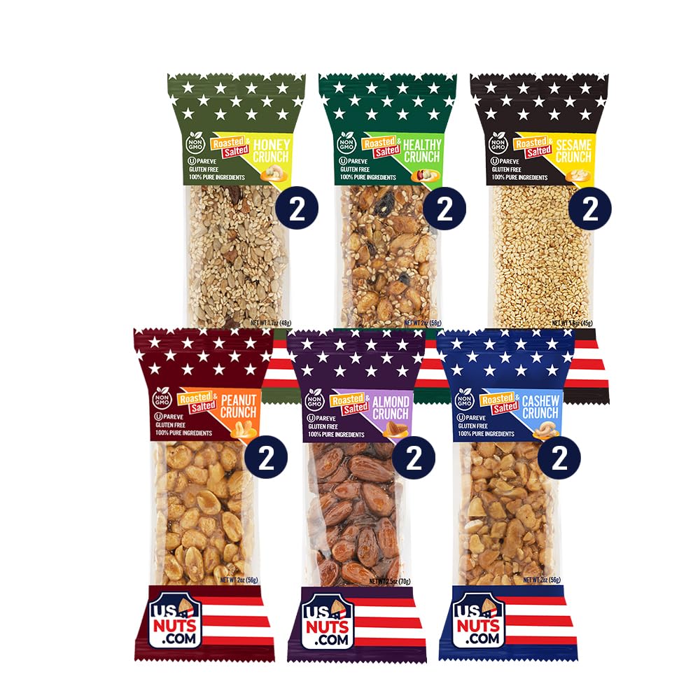 Nutty Crunchers Roasted and Salted Honey Crunch Bar Variety Pack - 12 Bars/Box, 6 Flavors