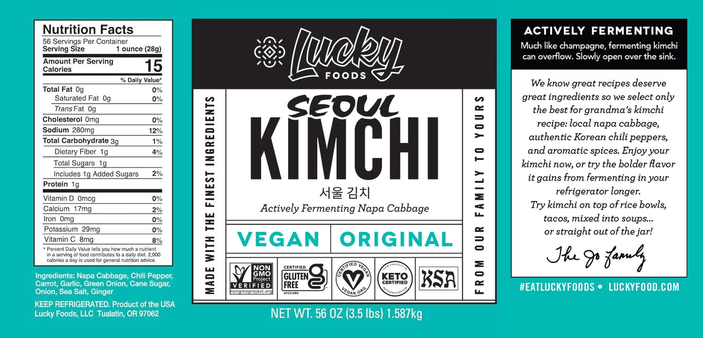 Lucky Foods Seoul Vegan Kimchi, (56Oz / 3.5 Lbs), Authentic Korean Premium Fermented Napa Cabbage Kimchi (Made In Usa) (Pack Of