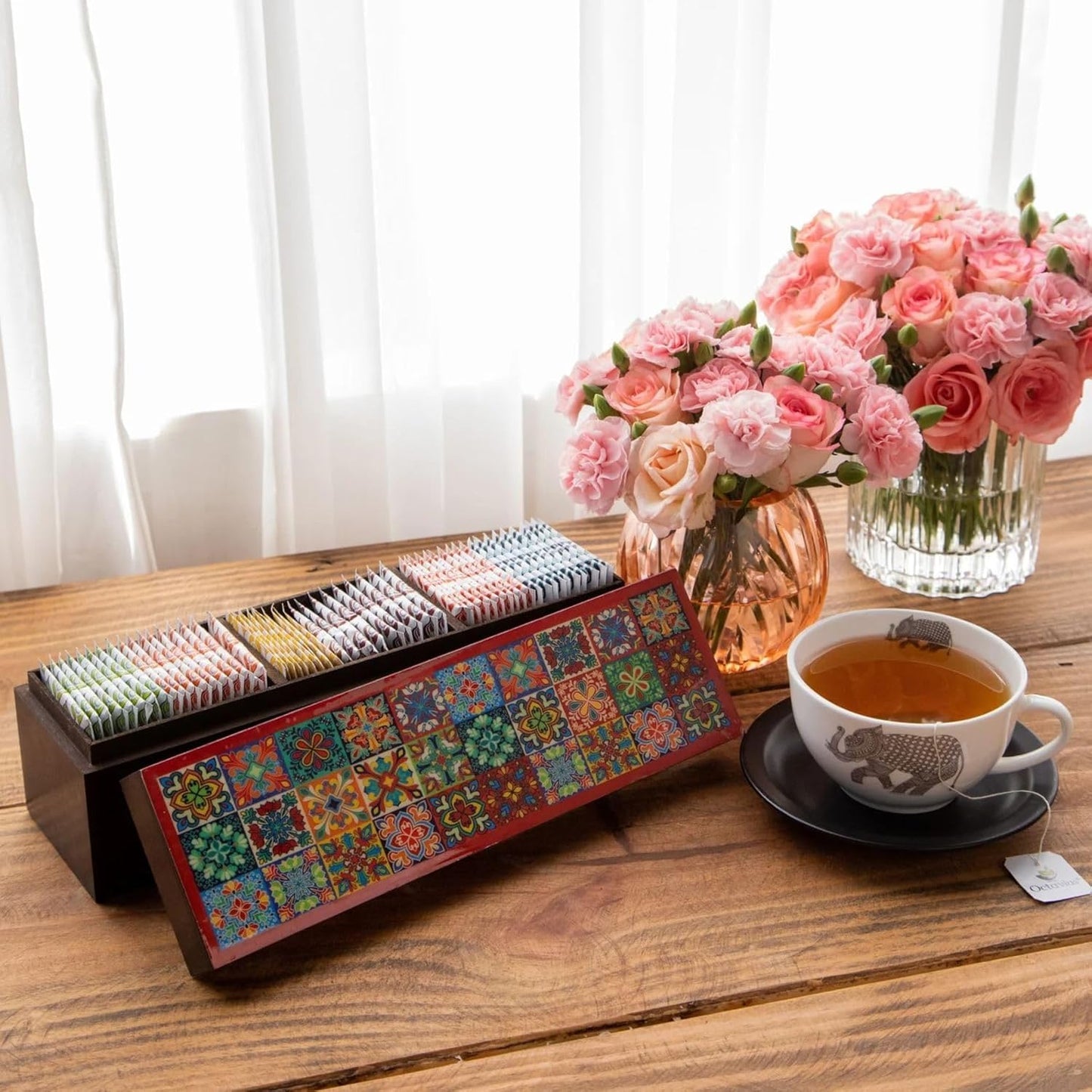 Octavius - Assorted Tea Variety Pack In Tile Motif Design Wooden Box | 6 Flavors, 60 Tea Bags | Black & Green Tea | Tea Gifts For Women & Men