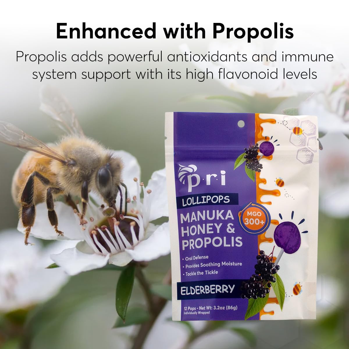 P.R.I Manuka Honey Lollipops with Propolis, Elderberry Flavor, MGO 300+, 24 Lollipops, 6.4oz