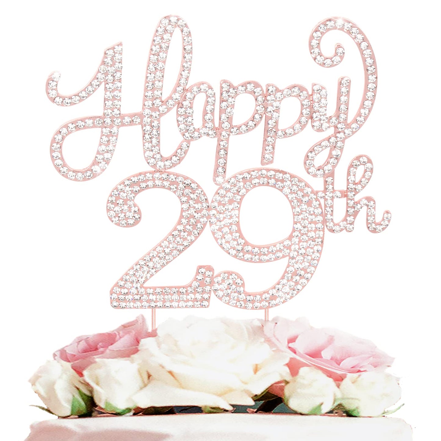 Happy 29Th Birthday Rose Gold Rhinestone Cake Topper - 29Th Birthdayanniversary,Cheers To 29 Years Old Bday Party Metal Sparkly