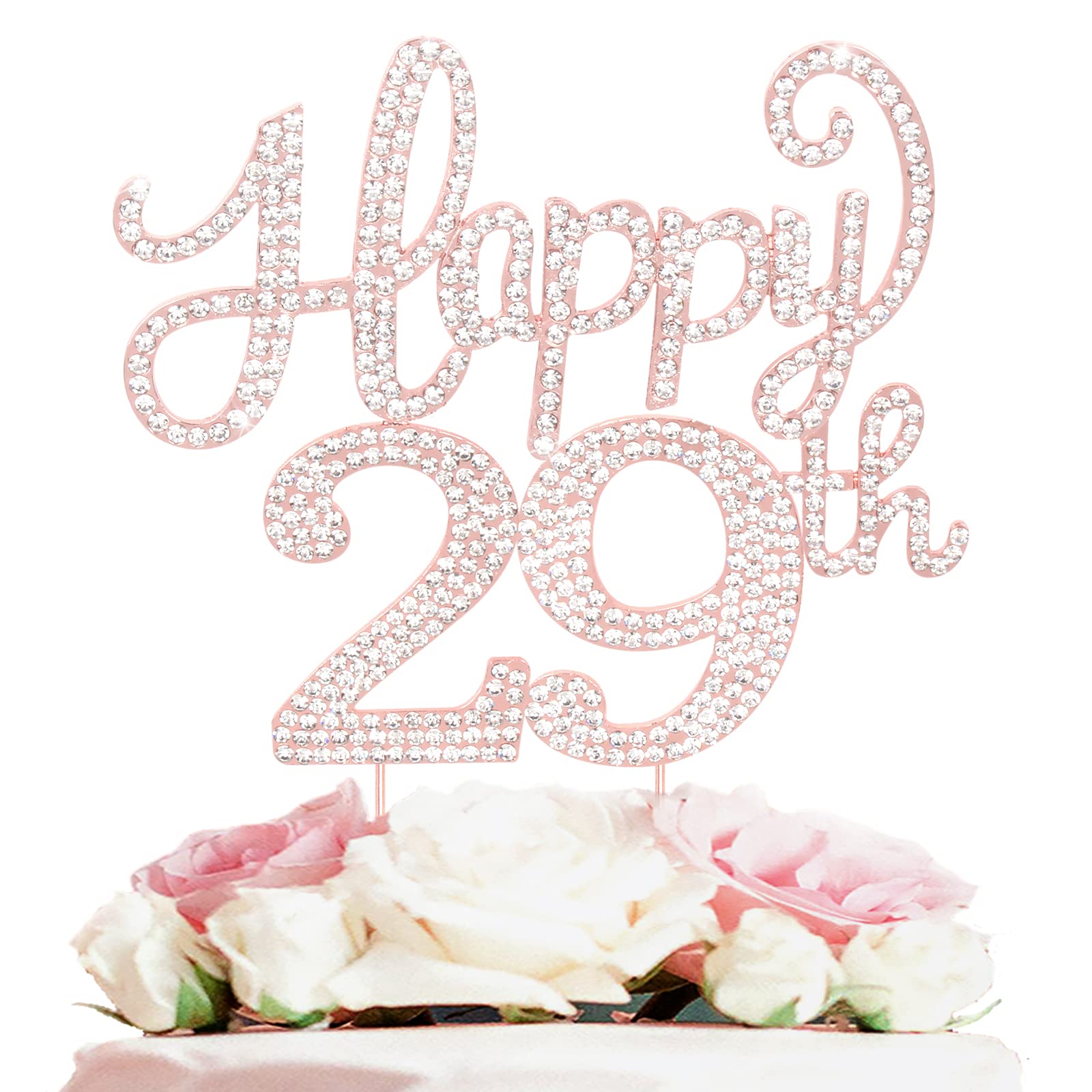Happy 29Th Birthday Rose Gold Rhinestone Cake Topper - 29Th Birthdayanniversary,Cheers To 29 Years Old Bday Party Metal Sparkly