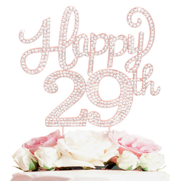 Happy 29Th Birthday Rose Gold Rhinestone Cake Topper - 29Th Birthdayanniversary,Cheers To 29 Years Old Bday Party Metal Sparkly