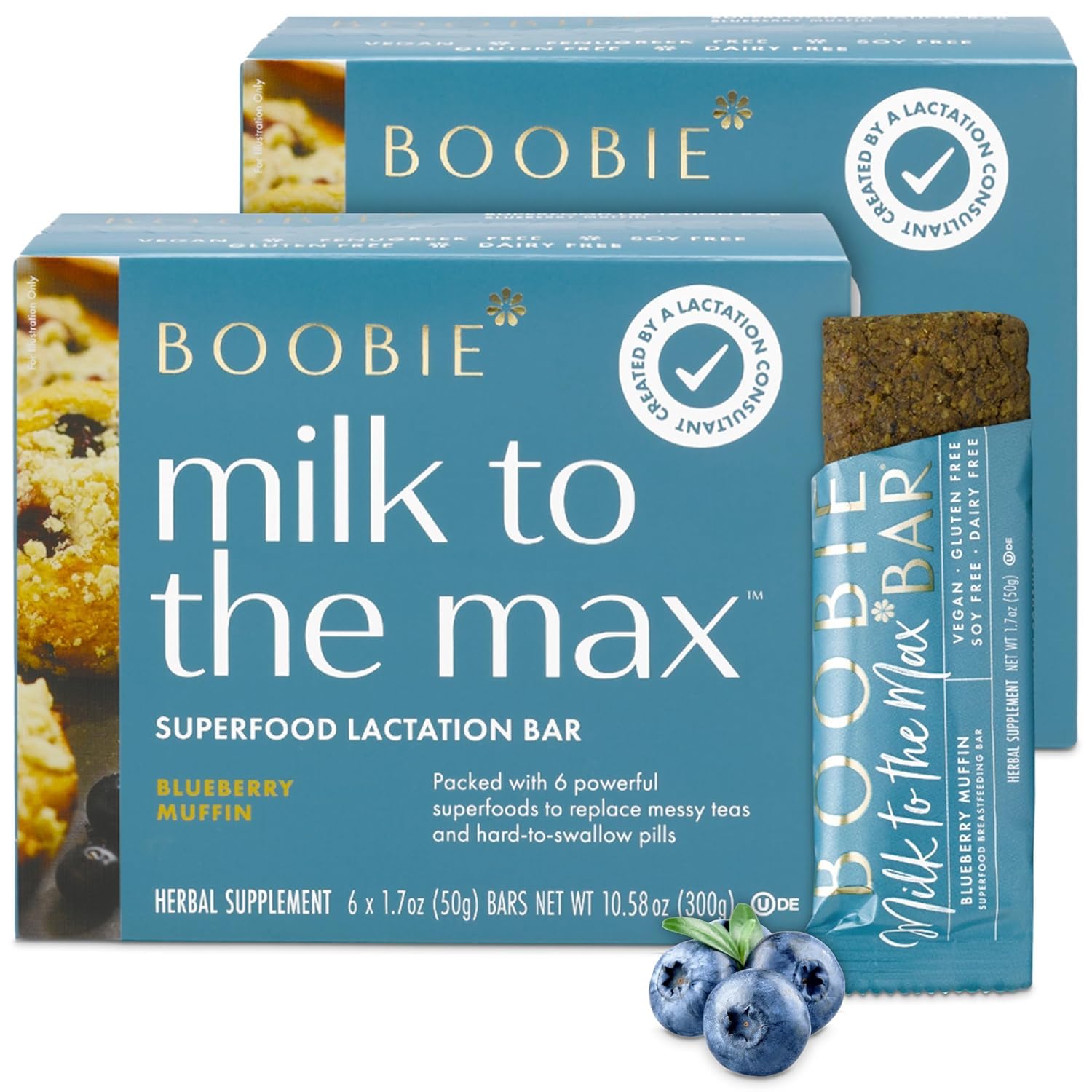 Boobie Brands Superfood Lactation Bar - Blueberry Muffin, Vegan, Gluten-Free, 12 Pack