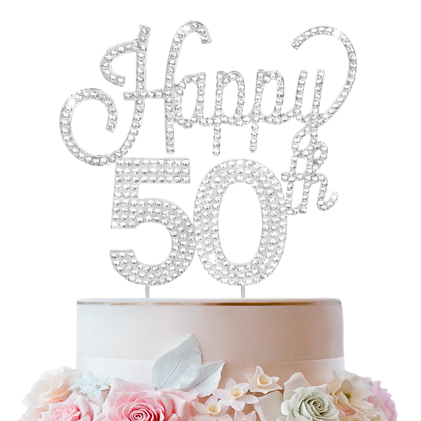 Lingteer Happy 50Th Birthday Silver Rhinestone Cake Topper - Cheers To 50Th Birthday Fifty Years Old Anniversary Party Cake Cent