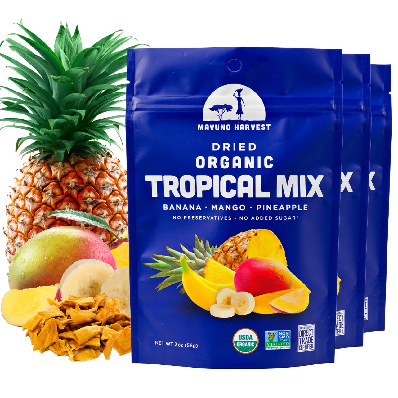 Mavuno Harvest Tropical Mix Dried Fruit Snack | Unsweetened Organic Mixed Dried Fruit | Gluten Free Healthy Snacks for Kids and mature-themeds | No Sugar Added, Vegan, Non GMO | 2 Ounce, Pack of 3