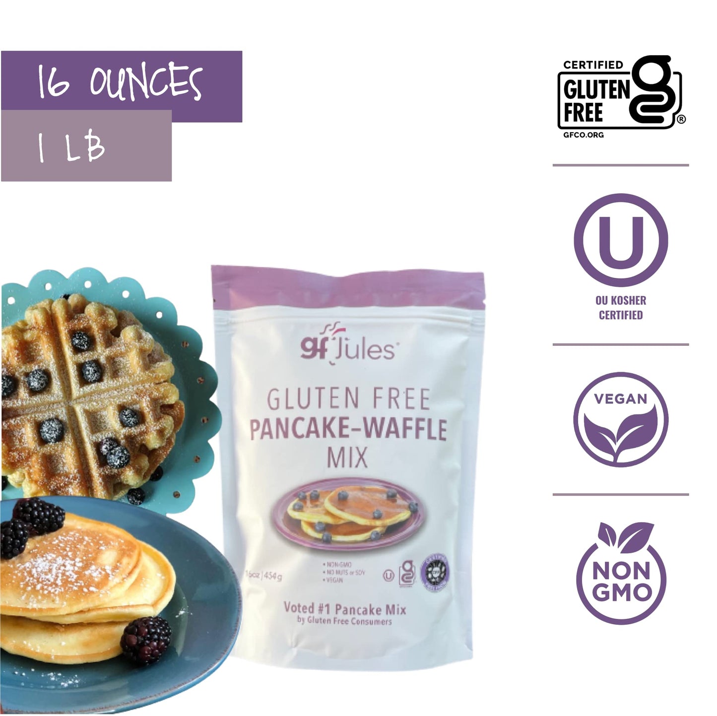 Gfjules Certified Gluten Free Pancake & Waffle Mix | No Grit, Non-Gmo, Vegan, Vegetarian, Kosher & Top 9 Allergen Free | Voted #1 By Gluten Free & Celiac Consumers | 16 Ounces