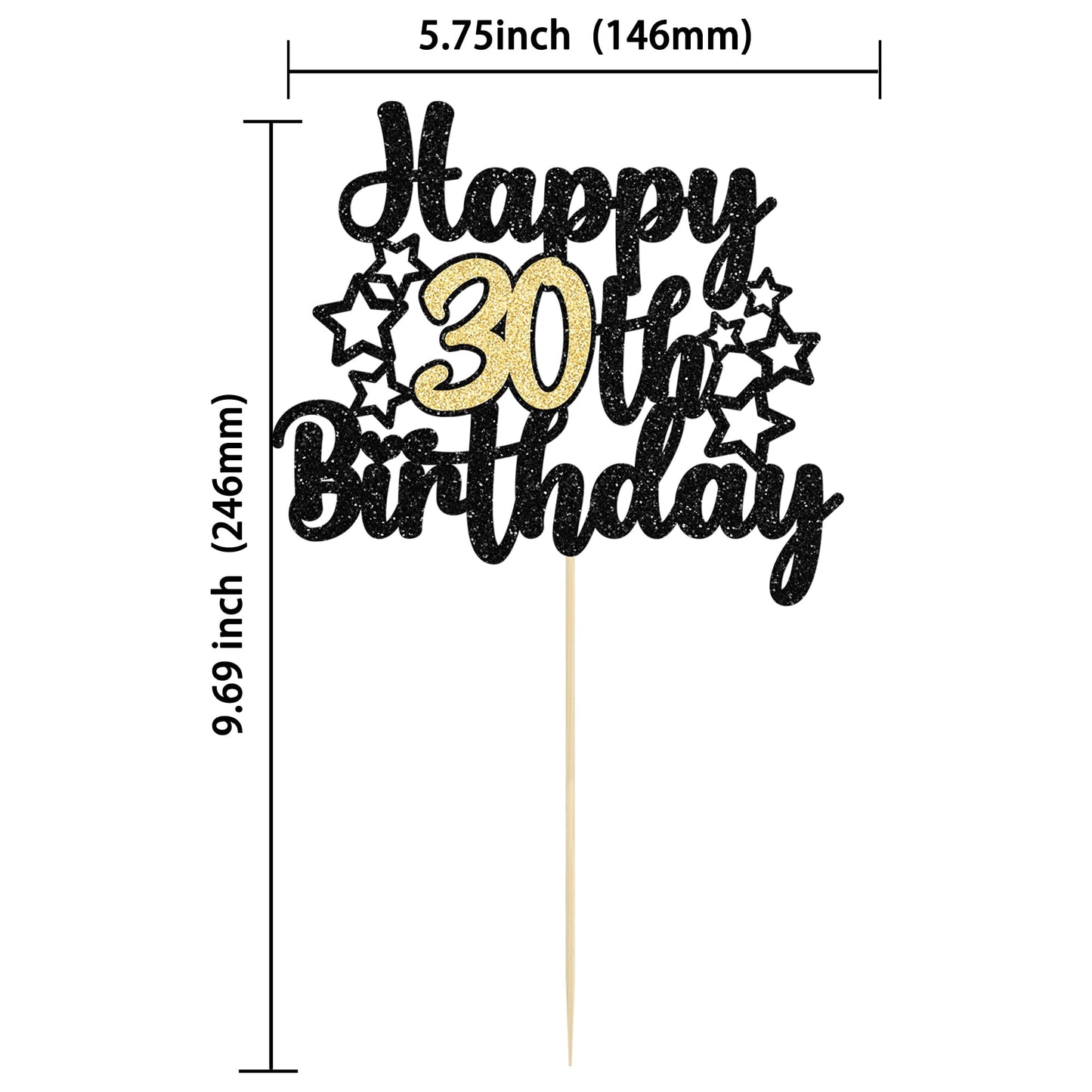 Gyufise 1Pc Happy 30Th Birthday Cake Topper Black Gold Glitter Cheers To 30 Years Birthday Cake Pick 30 Fabulous Cake Decoration
