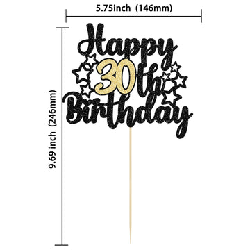 Gyufise 1Pc Happy 30Th Birthday Cake Topper Black Gold Glitter Cheers To 30 Years Birthday Cake Pick 30 Fabulous Cake Decoration