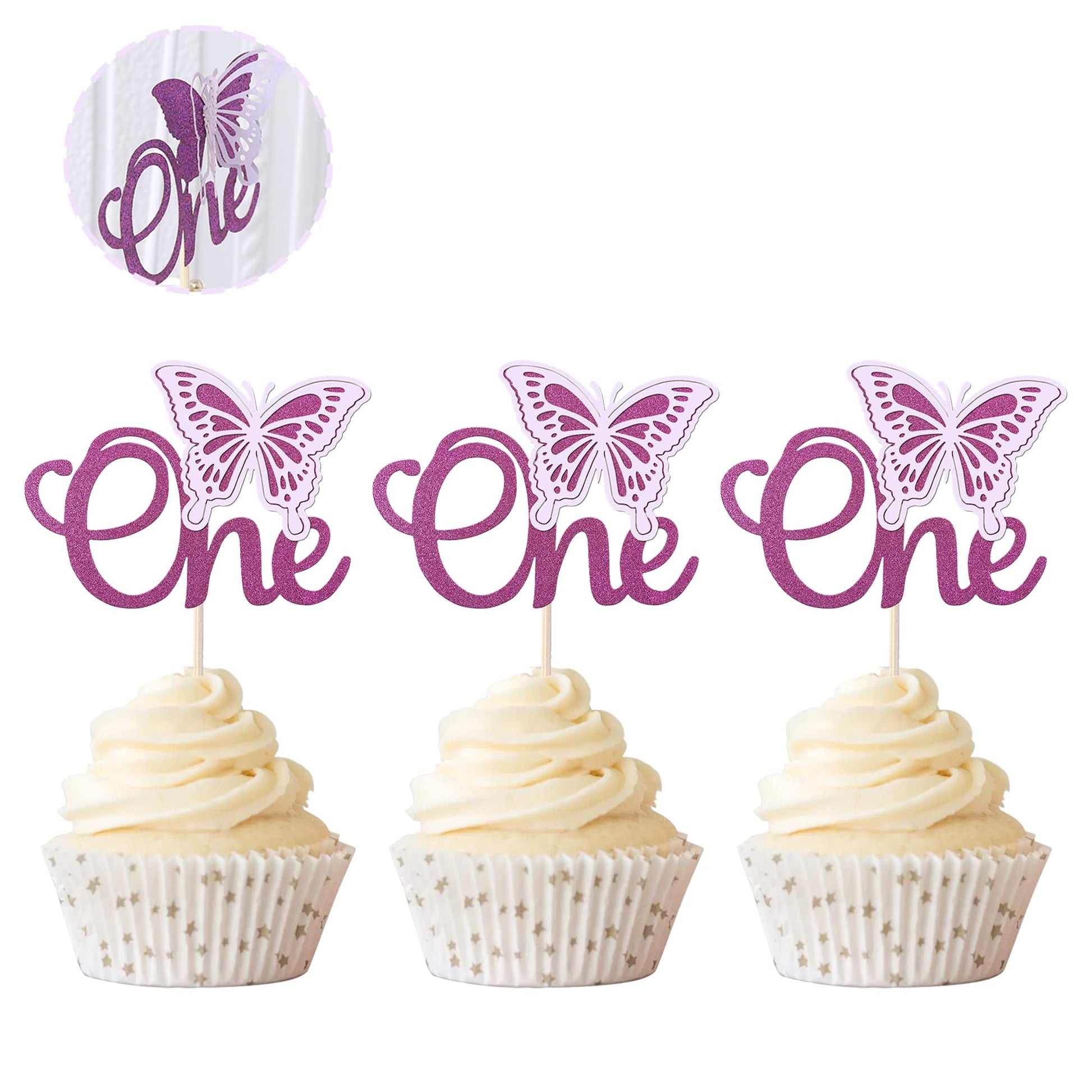 Rsstarxi Butterfly Cupcake Toppers, 24 Pack, Glitter, First Birthday, Purple, Model XM011
