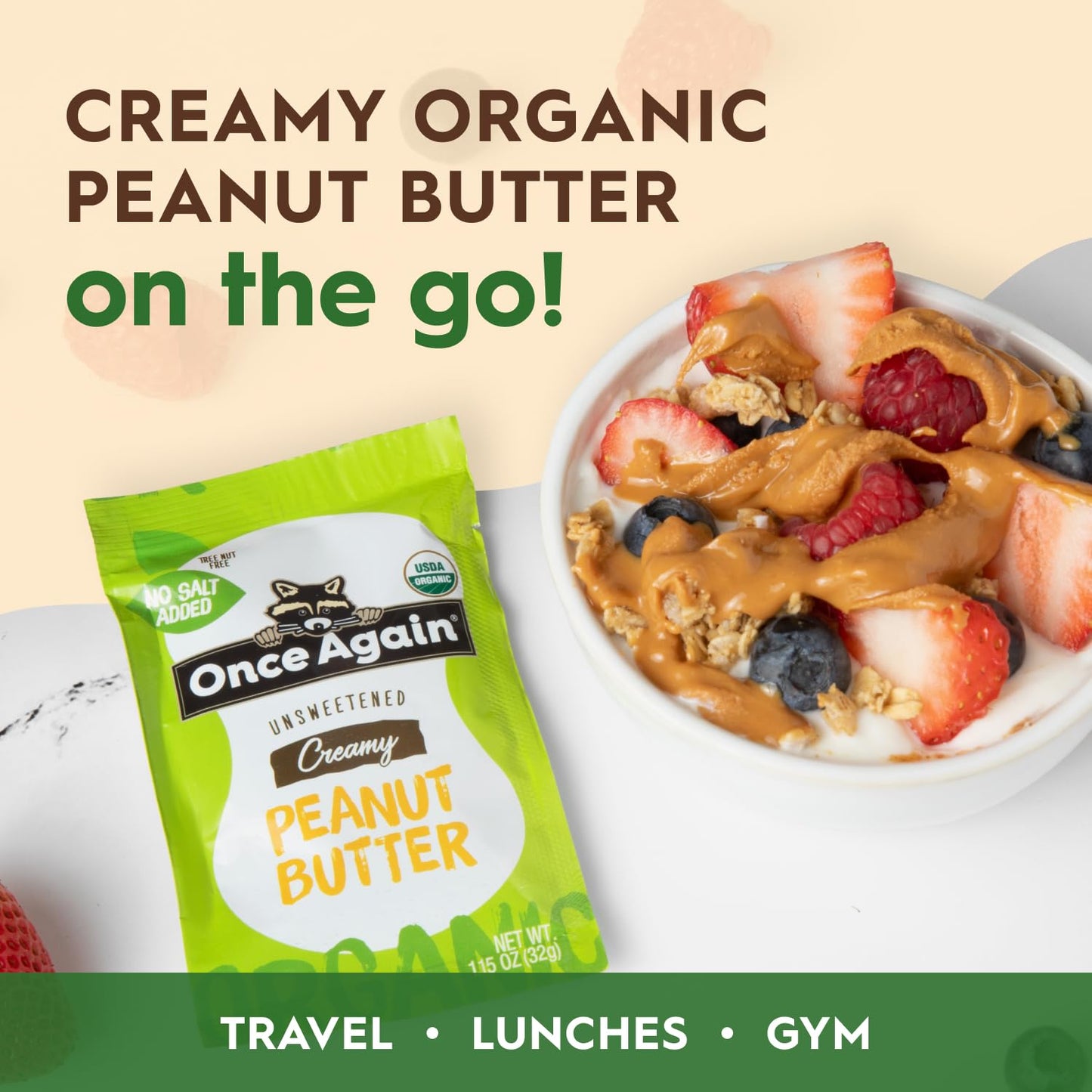 Once Again Organic creamy Peanut Butter - 1.15oz Squeeze Packs 10 count - Salt Free Unsweetened - USDA Organic gluten Free certi
