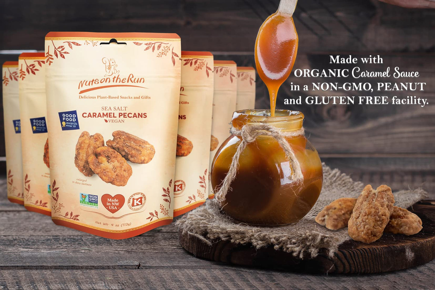 Nuts on the Run Sea Salt Caramel Pecans - Vegan, Gluten-free, Kosher - 4oz (Pack of 6 Bags)