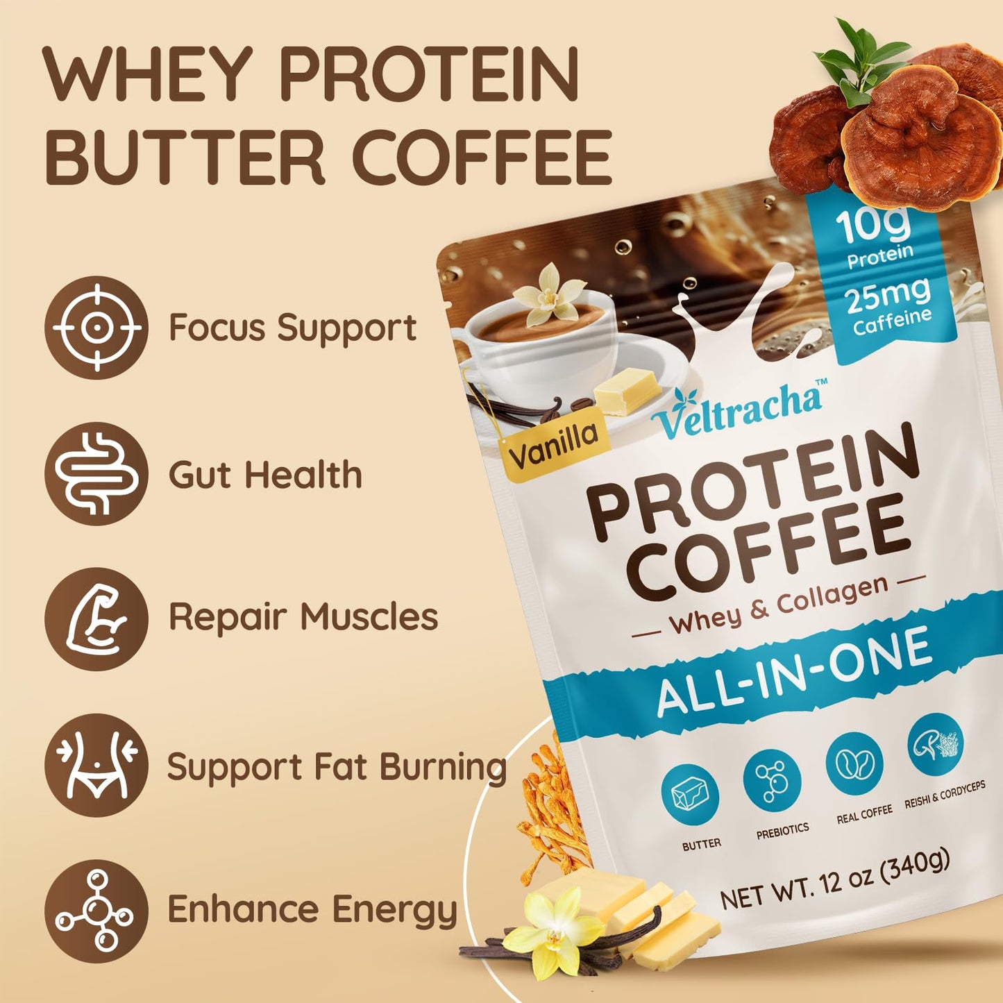 Veltracha Whey Protein Coffee, Collagen Protein Iced Coffee with Prebiotic Mushrooms & Butter, Natural Energy without Jitters -