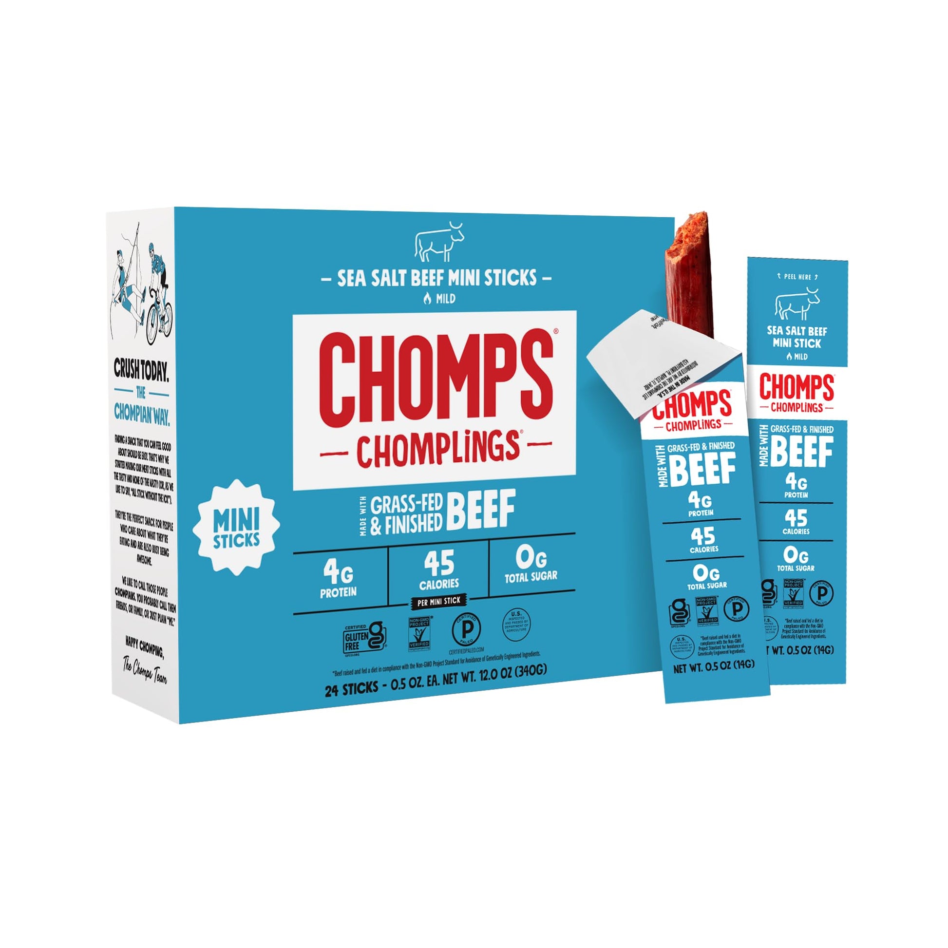 Chomps Beef Jerky Snack Sticks, Grass-Fed, Sea Salt, 0.5oz, 24-Pack, Gluten-Free, Keto, Paleo, Non-GMO