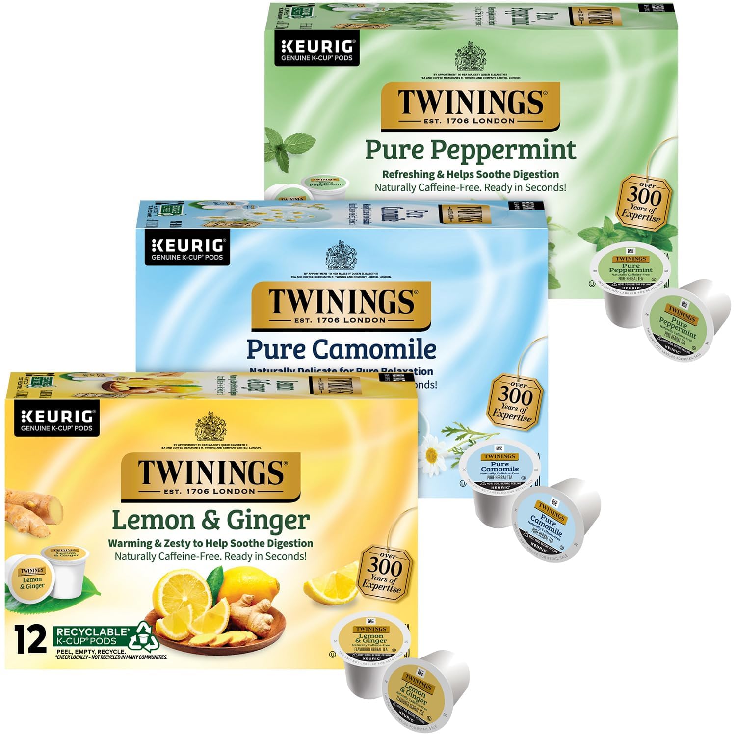 Twinings Herbal Tea K-Cup Pods for Keurig  Variety 3-Pack - Pure Peppermint  Pure Camomile + Lemon & Ginger Tea K-Cups  Naturally Caffeine-Free  12 Count Each