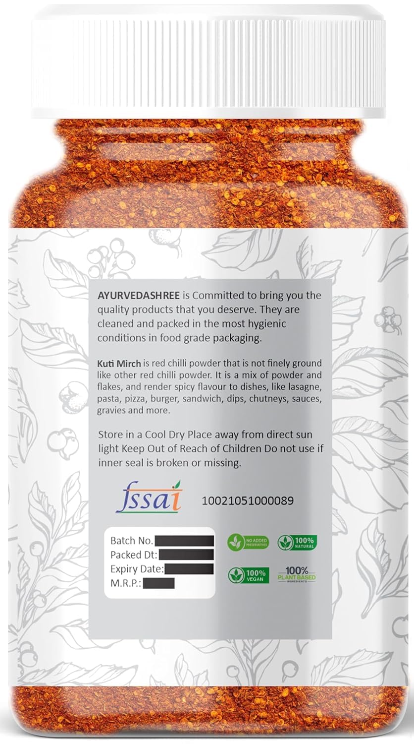 AYURVEDASHREE Crushed Red Chilli (Kuti Lal Mirch) Indian Spice100gm PET Jar | All Natural | No Color added | Vegan | NON-GMO | N