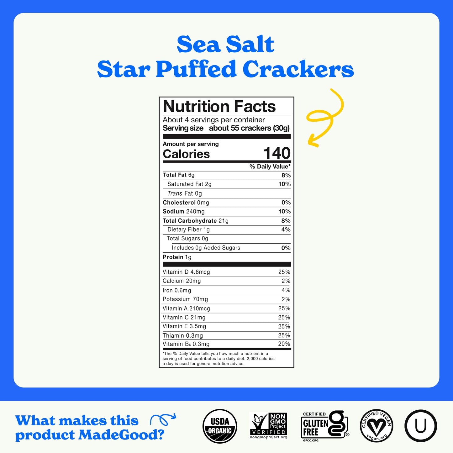 MadeGood Star Puffed Crackers, Sea Salt, 6 Bags (4.26oz Each) Gluten Free and Organic, Healthy Snacks