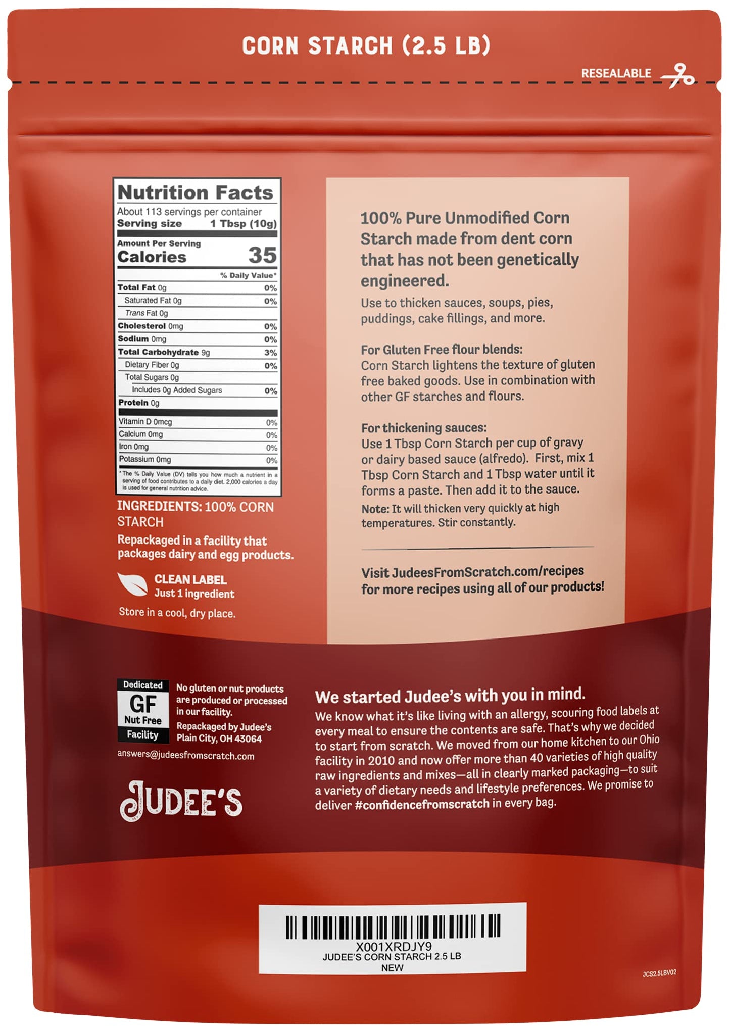 Judees Corn Starch 2.5 lb - 100% Non-GMO and Just One Ingredient - Gluten-Free and Nut-Free - Great Thickener for Sauces, Soups,