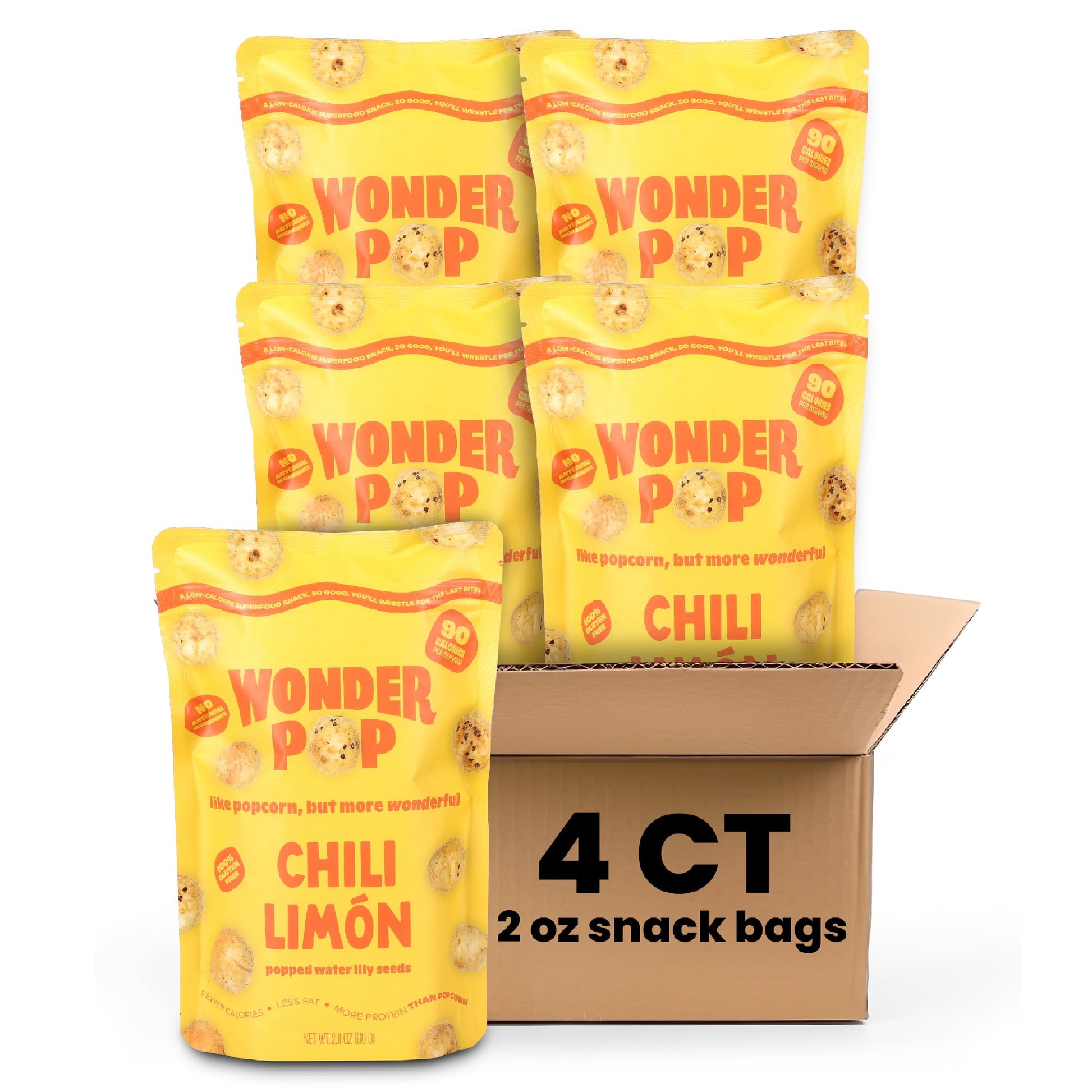 WonderPop Chili Limon - Popped Water Lily Seeds (4-Pack) | 90 Calorie, 6g Protein, Vegan, Gluten-Free, Non-GMO | Guilt-Free Plan